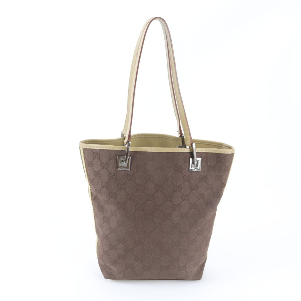 Gucci Beige Brown Leather Canvas Handbag Tote Bag (Pre-Owned)