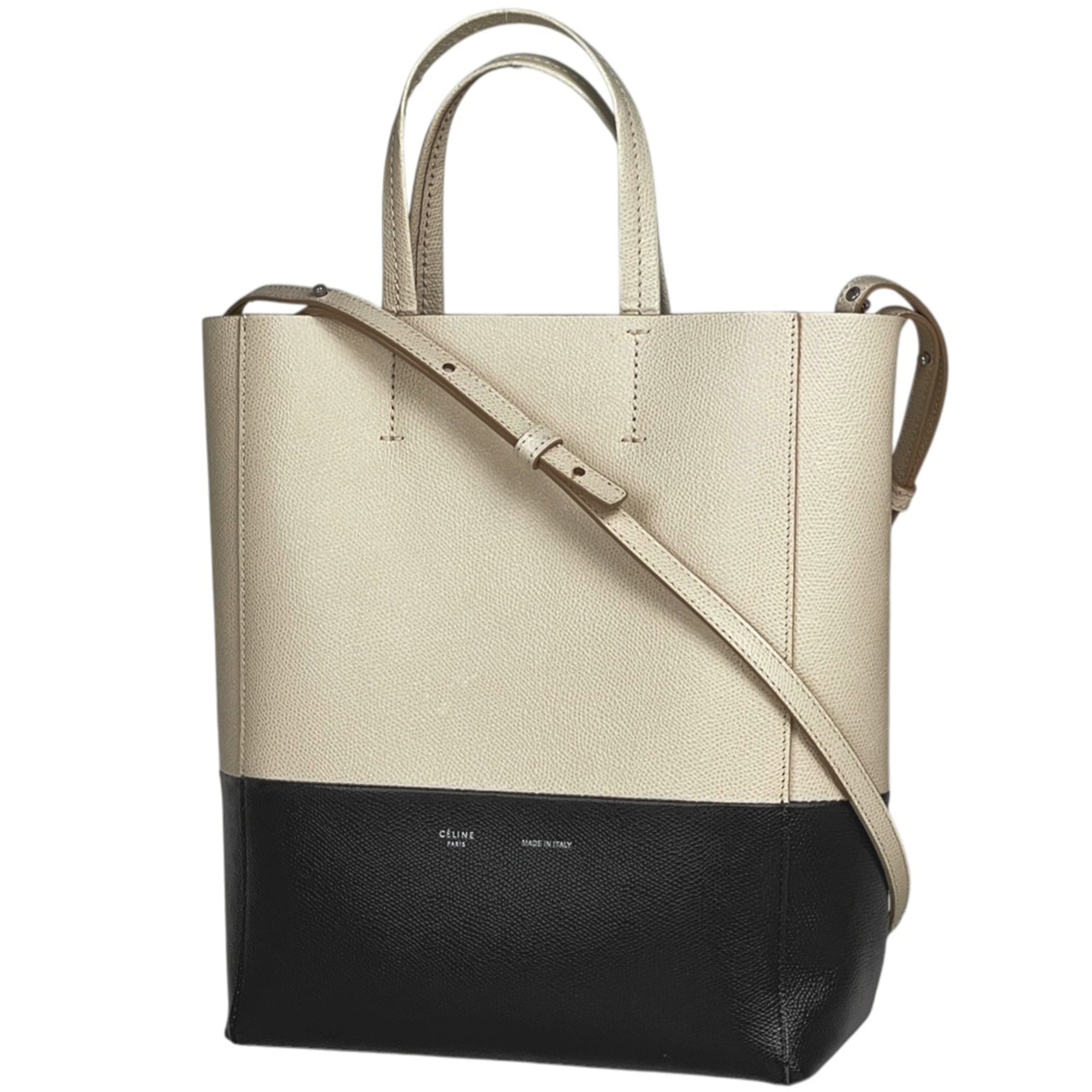 Celine Cabas Black Ivory Leather Shoulder Bag Tote Bag