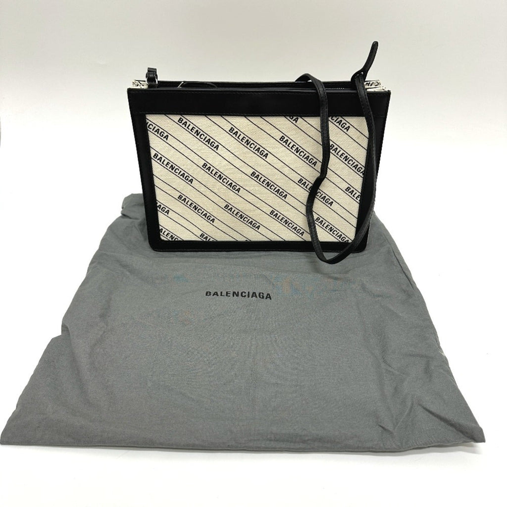 Balenciaga Black White Leather Canvas Pochette Shoulder