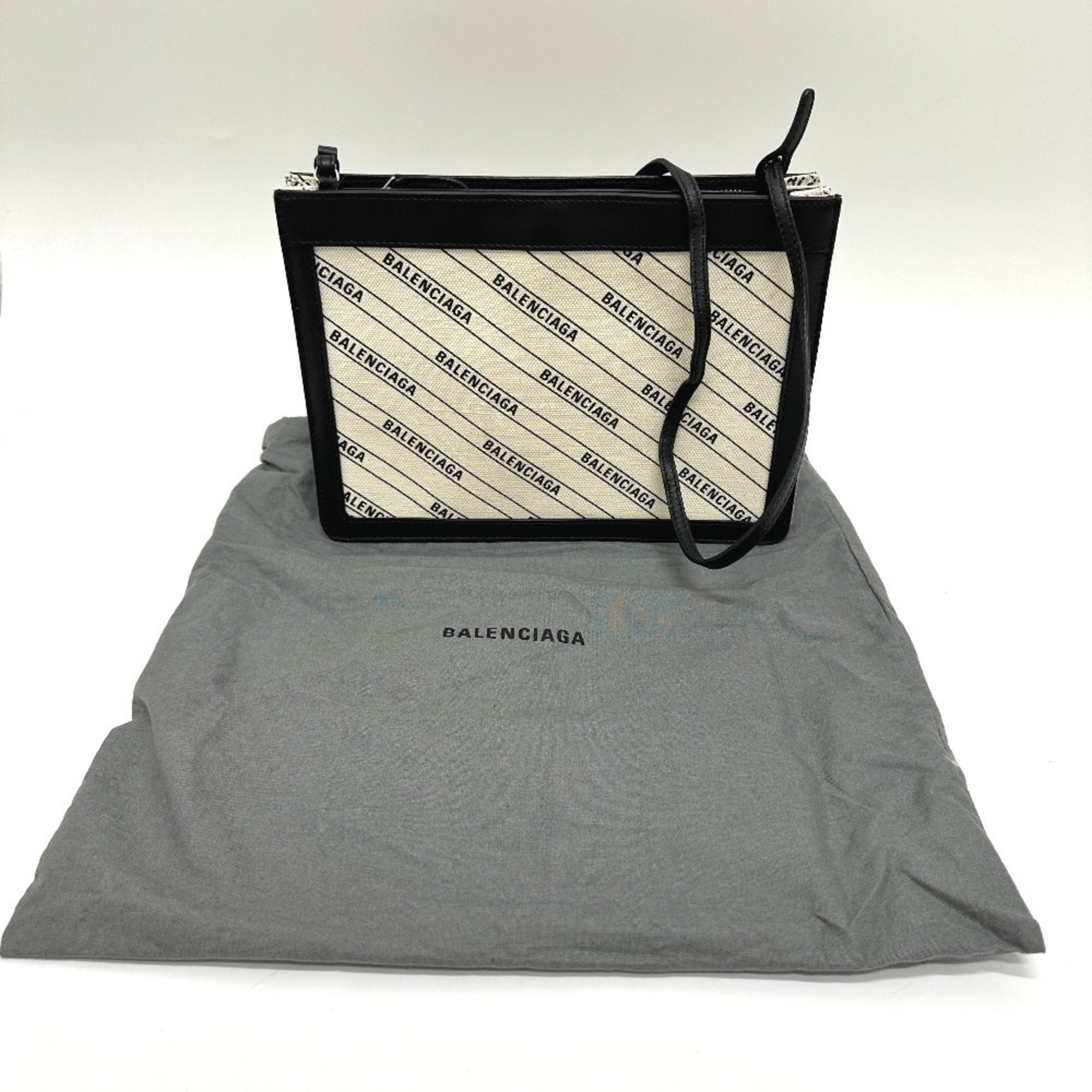 Balenciaga Black White Leather Canvas Pochette Shoulder