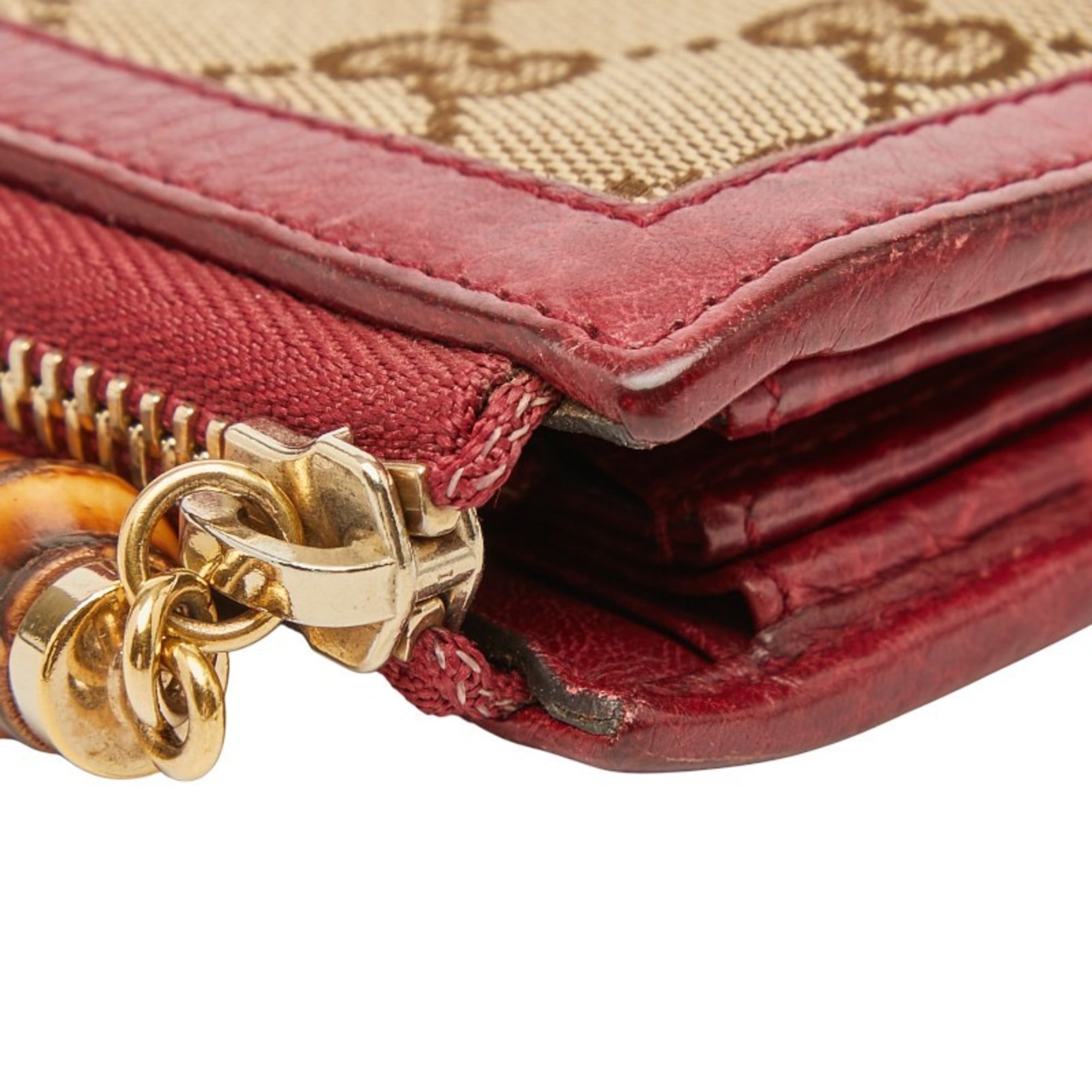 Gucci Brown Red Color Canvas Leather Long Wallet (Bi-Fold) (Pre-Owned)