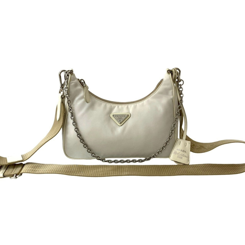 Prada White Nylon Leather Pochette Shoulder Bag
