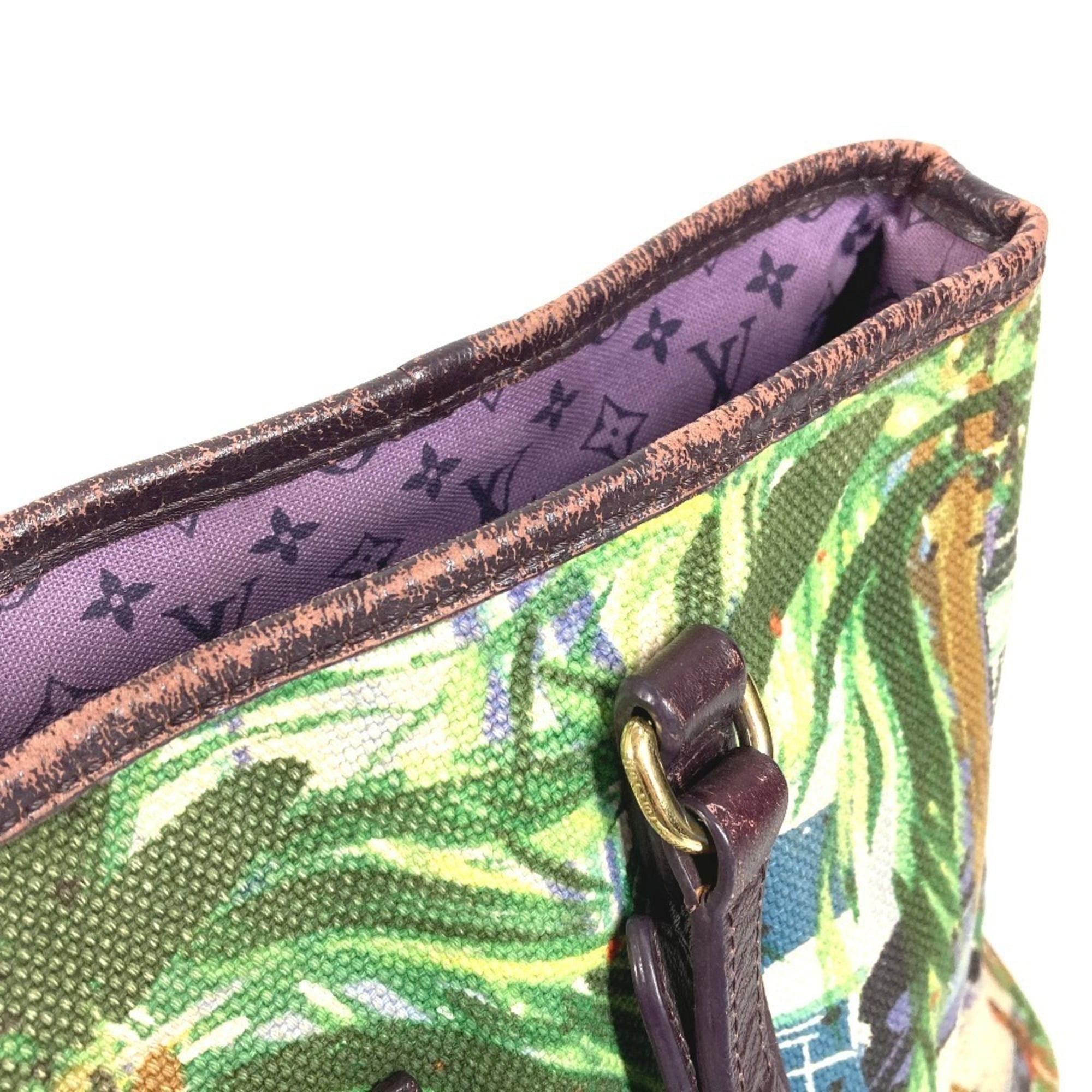 Louis Vuitton Green Leather Canvas Shoulder Bag Tote Bag
