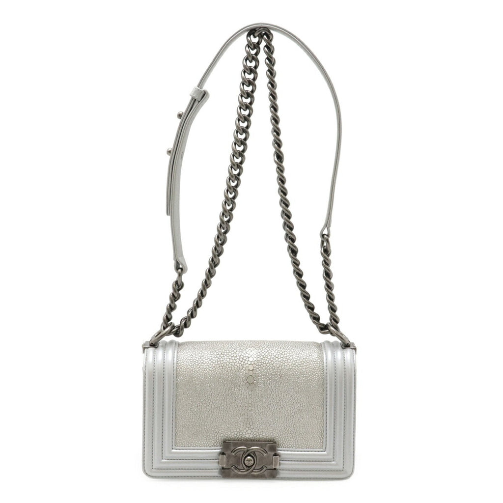 Chanel Boy Chanel Metallic Silver Leather Pochette Shoulder Bag