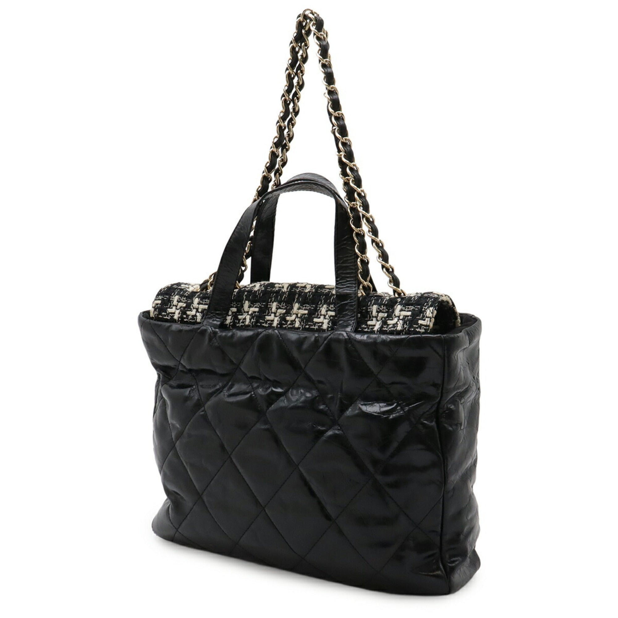 Chanel Black Ivory Leather Tweed Shoulder Bag Tote Bag