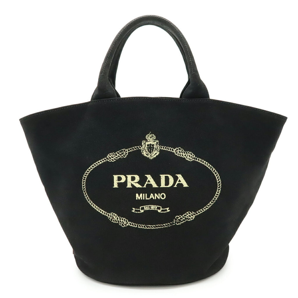 Prada Canapa Black Canvas Leather Handbag Tote Bag