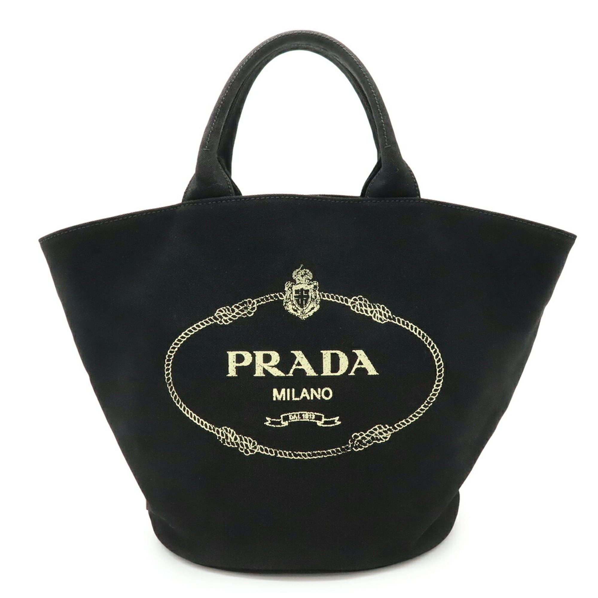 Prada Canapa Black Canvas Leather Handbag Tote Bag