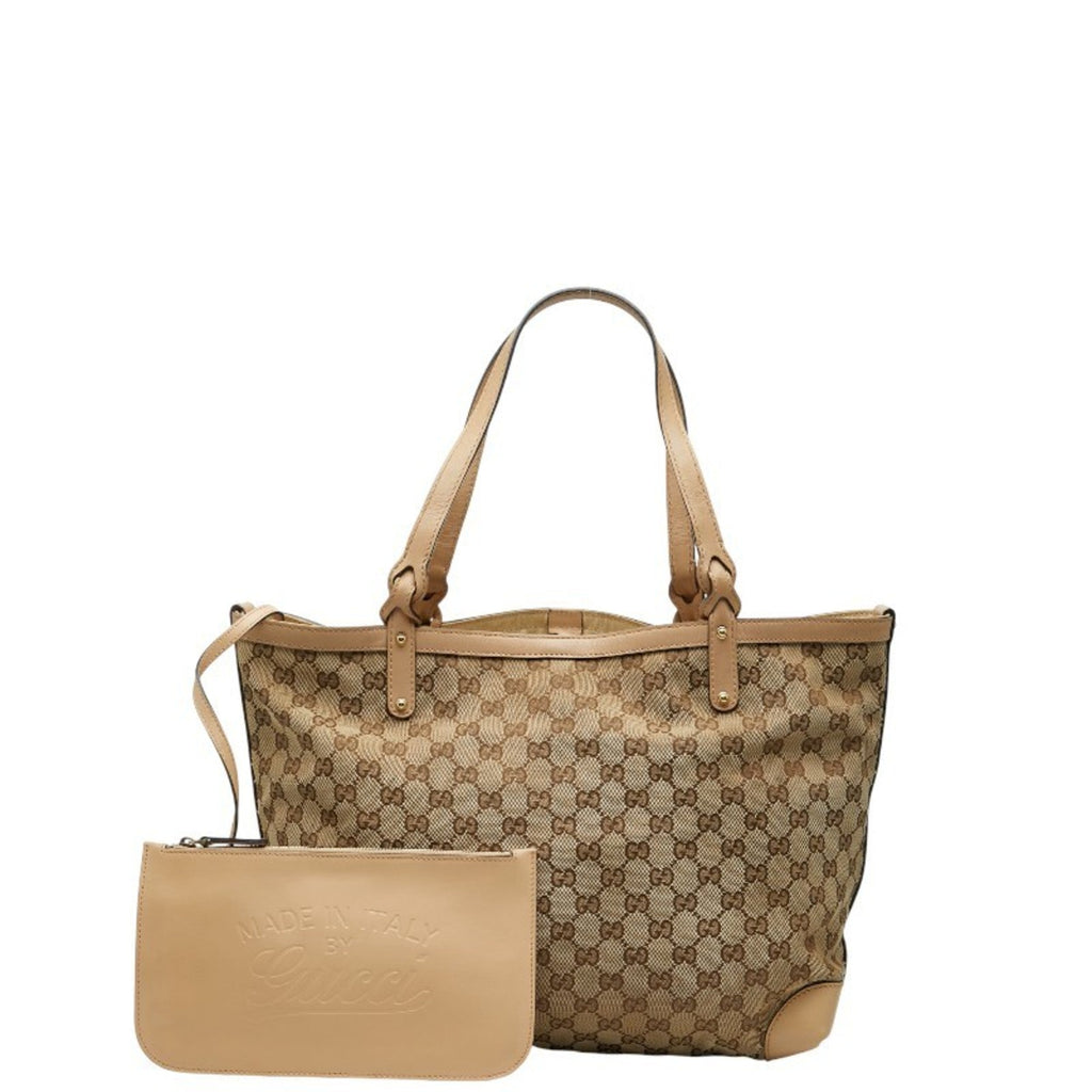 Gucci Gg Canvas Beige Brown Gg Canvas Leather Tote Bag (Pre-Owned)