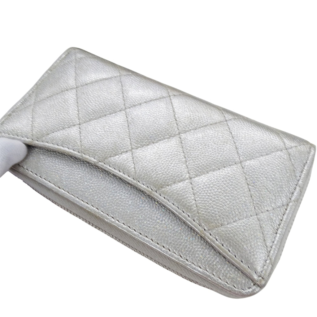 Chanel Silver Grained Calfskin Chain/Shoulder Wallet