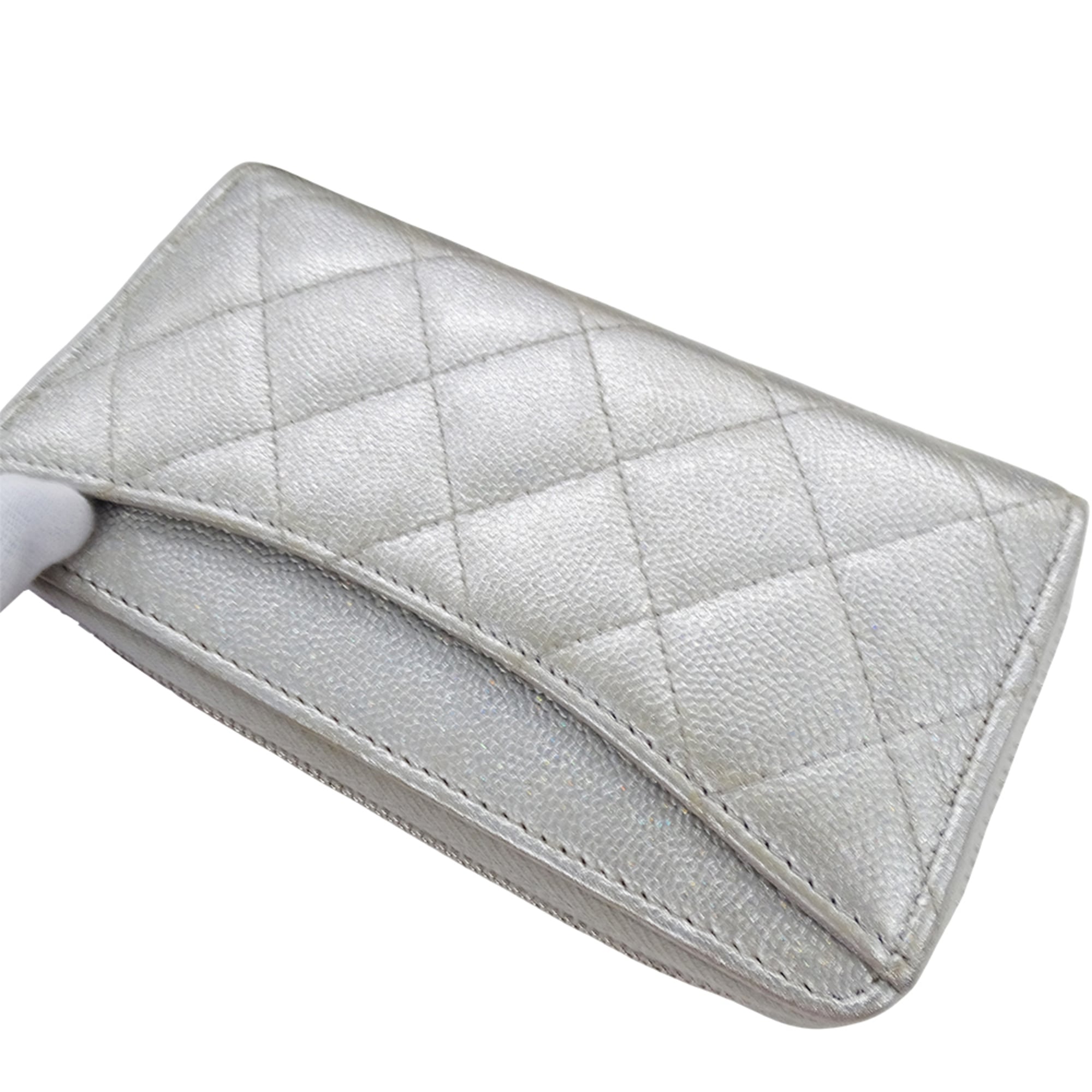 Chanel Silver Grained Calfskin Chain/Shoulder Wallet