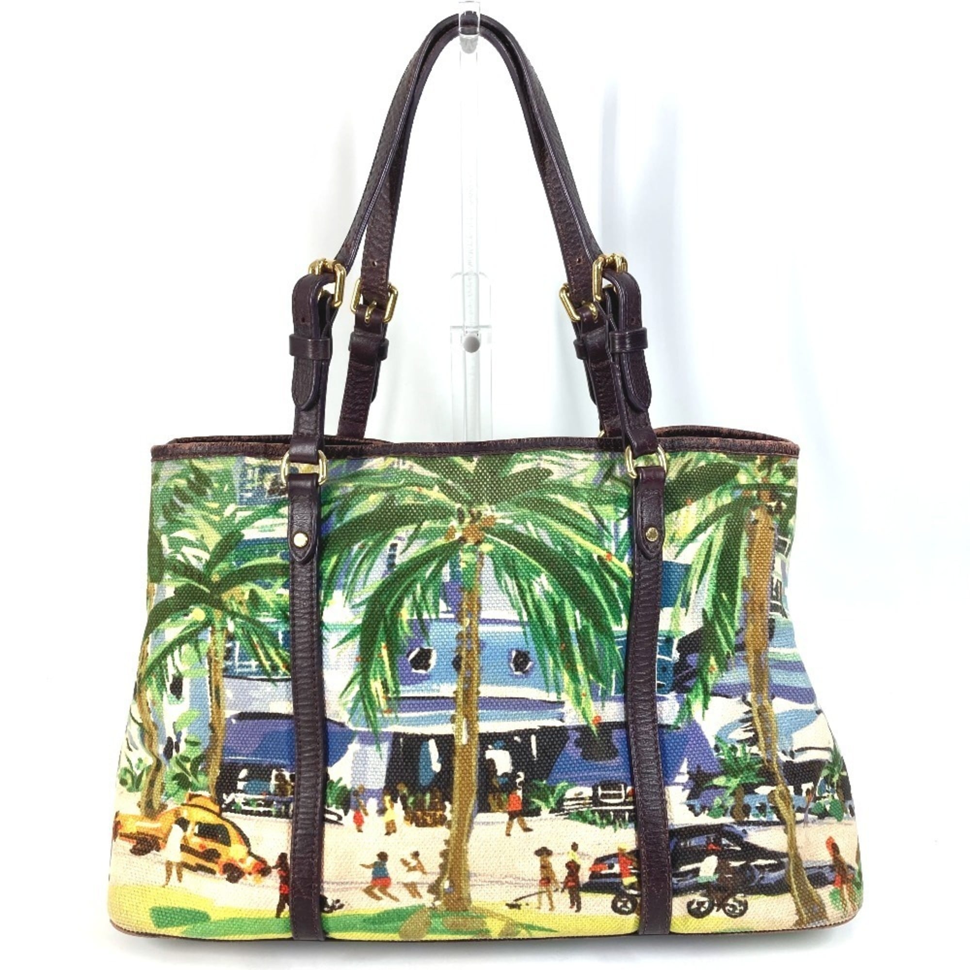 Louis Vuitton Green Leather Canvas Shoulder Bag Tote Bag