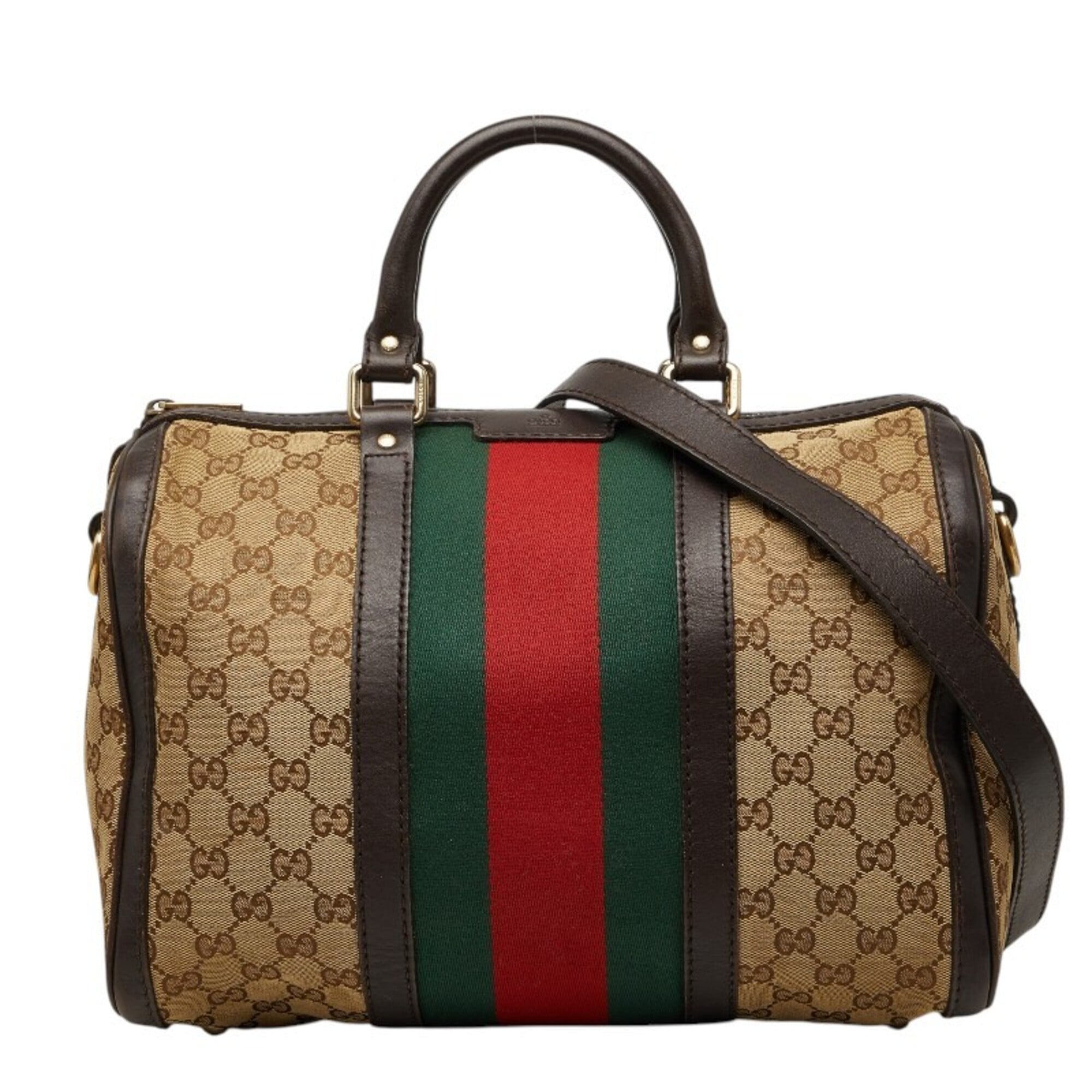 Gucci Beige Multi-Color Canvas Leather Boston Bag Shoulder Bag (Pre-Owned)