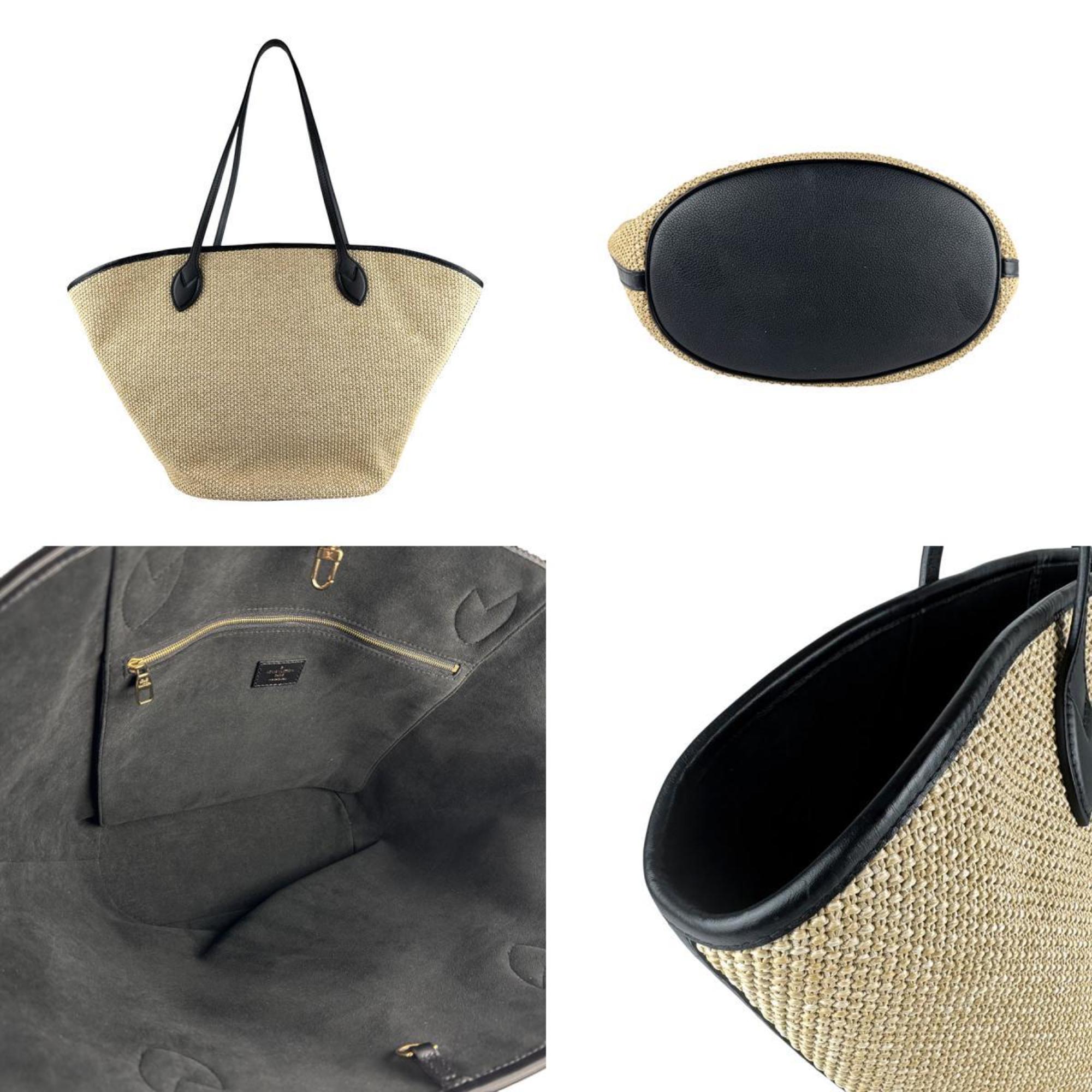 Louis Vuitton Beige Black Raffia Leather Shoulder Bag Tote Bag