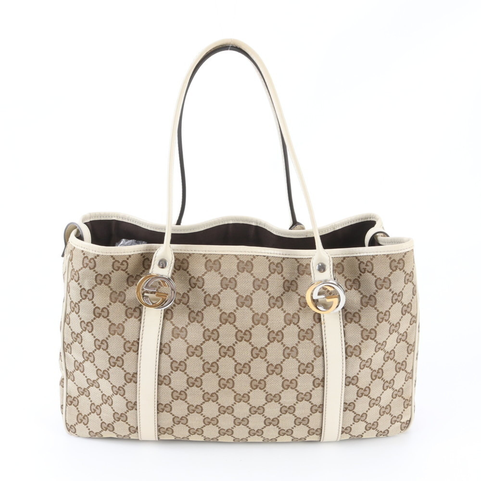 Gucci Beige White Leather Canvas Handbag Shoulder Bag Tote Bag (Pre-Owned)