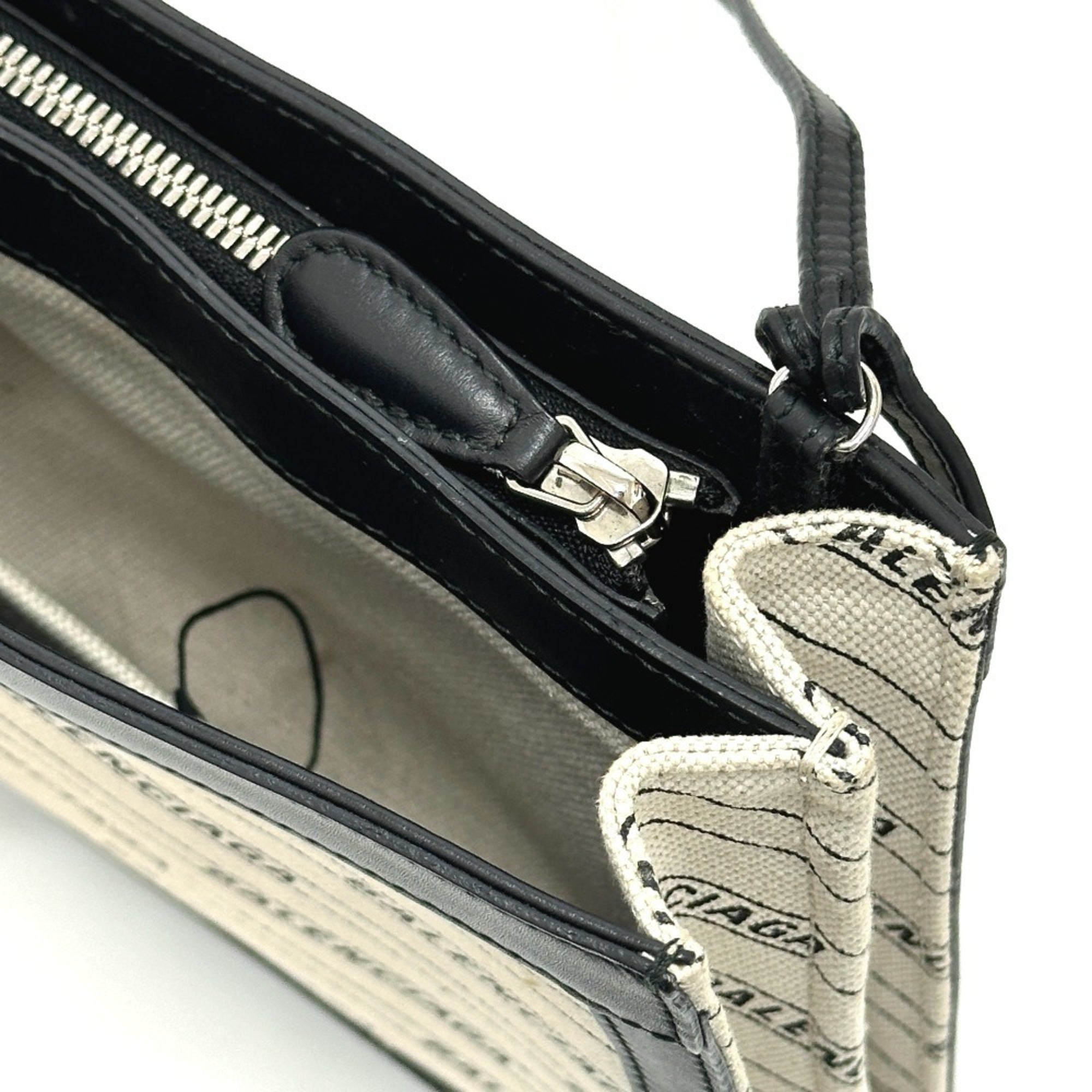Balenciaga Black White Leather Canvas Pochette Shoulder