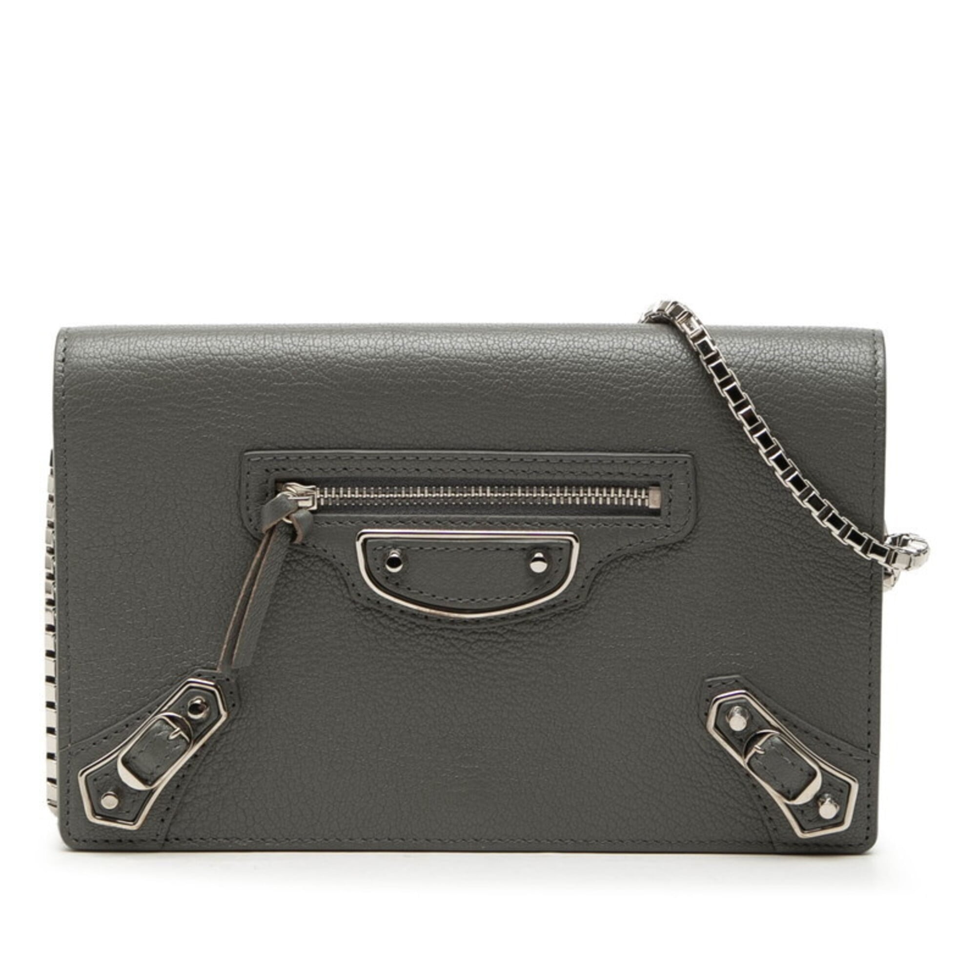 Balenciaga Gray Metallic Leather Chain/Shoulder Wallet