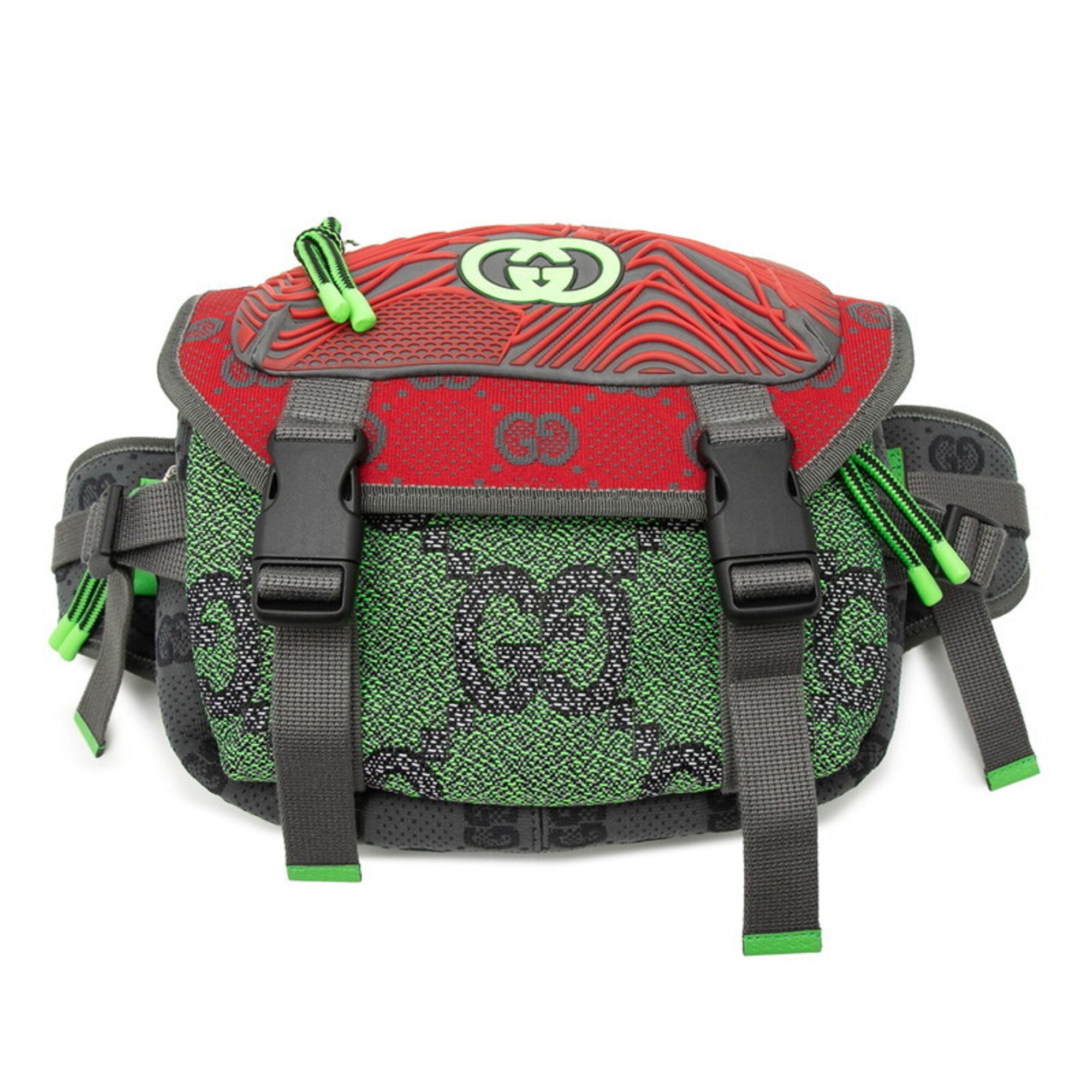 Gucci Gray Green Red Color Leather Rubber Canvas Sling Bag (Pre-Owned)