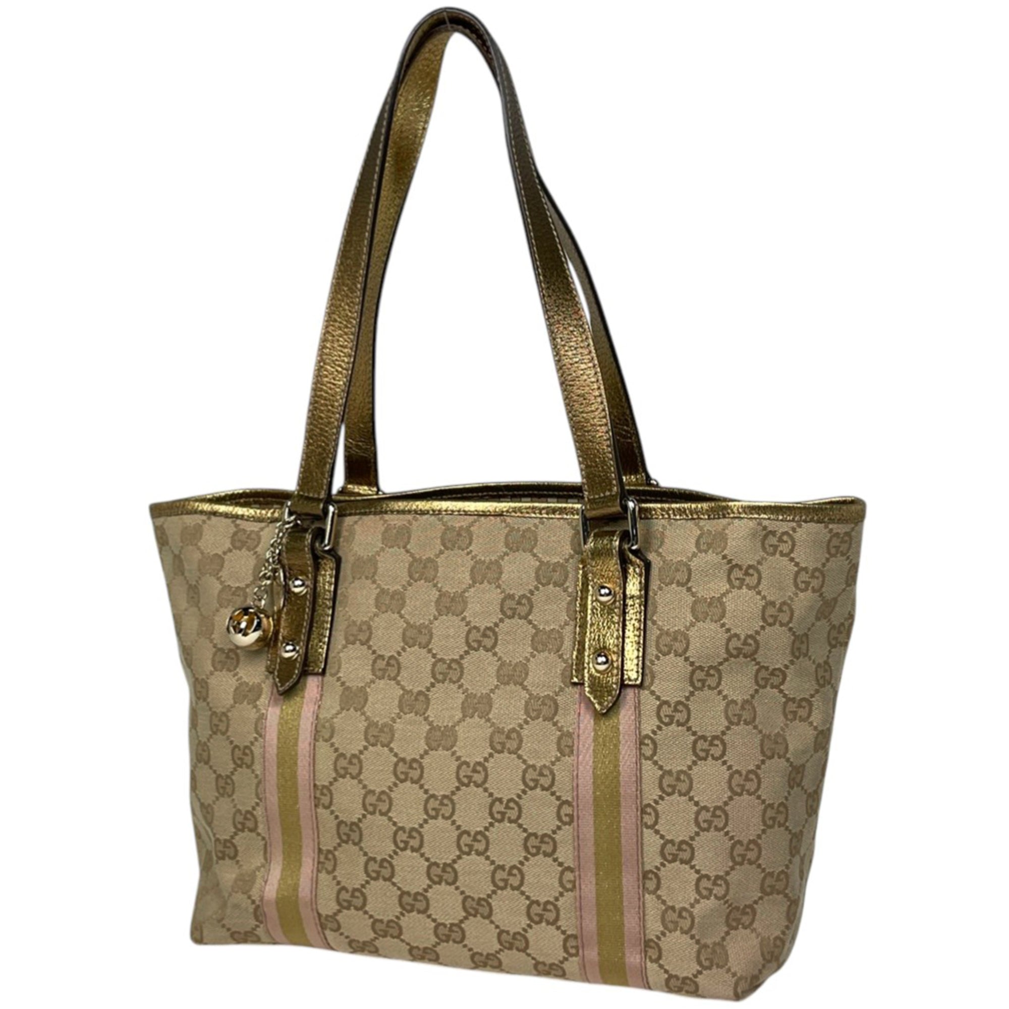 Gucci Beige Gold Gg Canvas Leather Shoulder Bag Tote Bag (Pre-Owned)