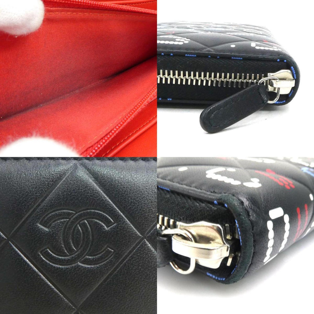 Chanel Black Blue Red Color White Leather Long Wallet (Bi-Fold)