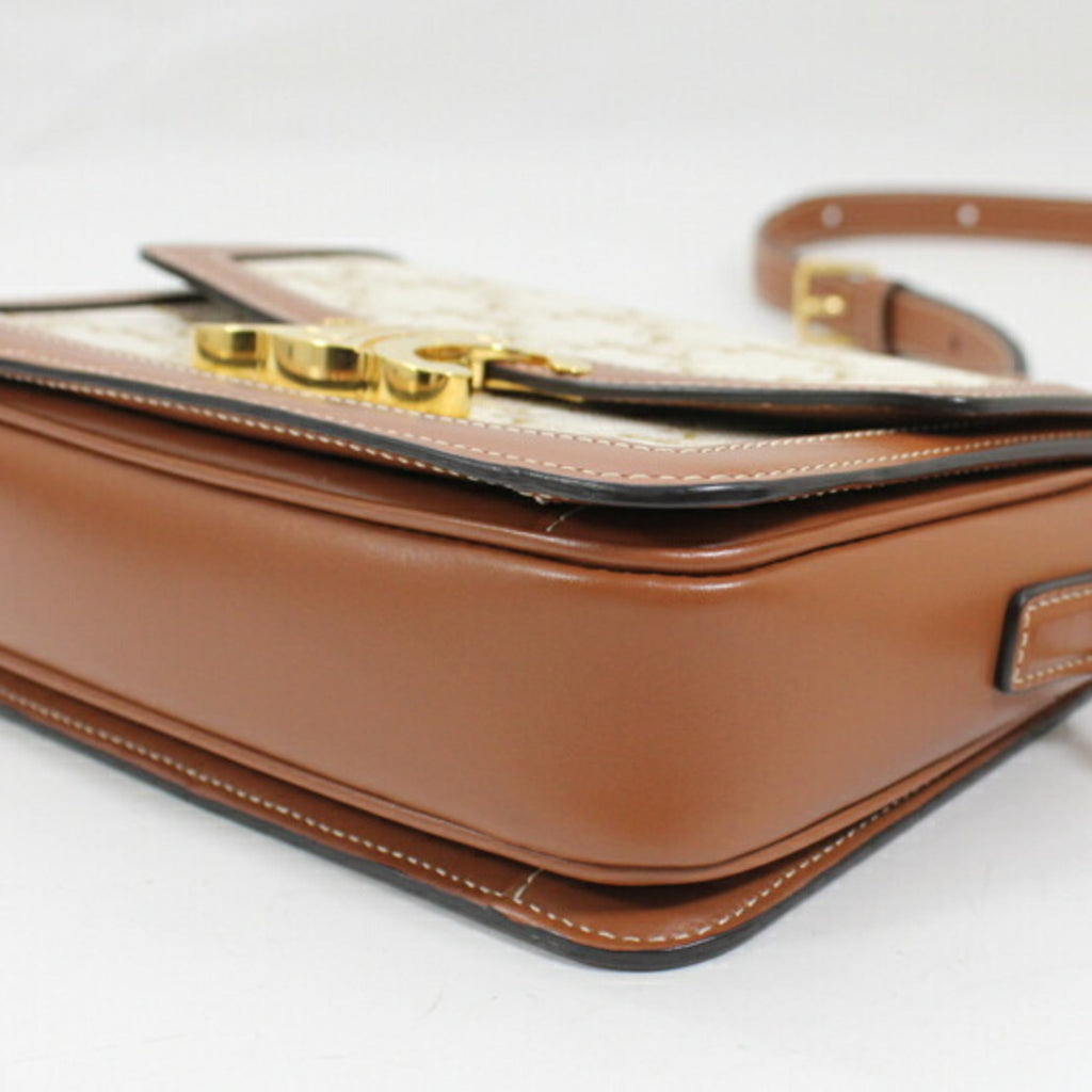 Celine Brown White Canvas Leather Shoulder Bag