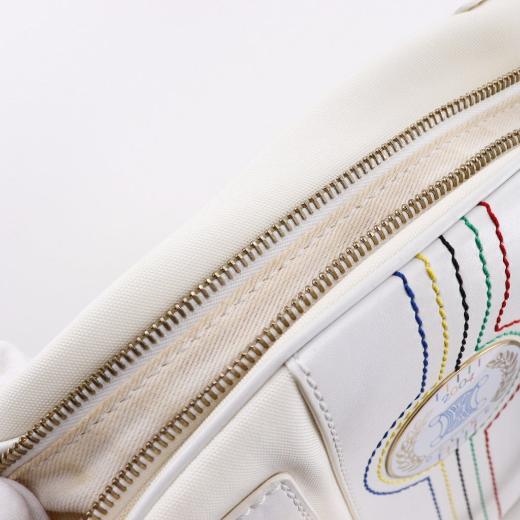 Celine White Nylon Canvas Leather Boston Bag Handbag