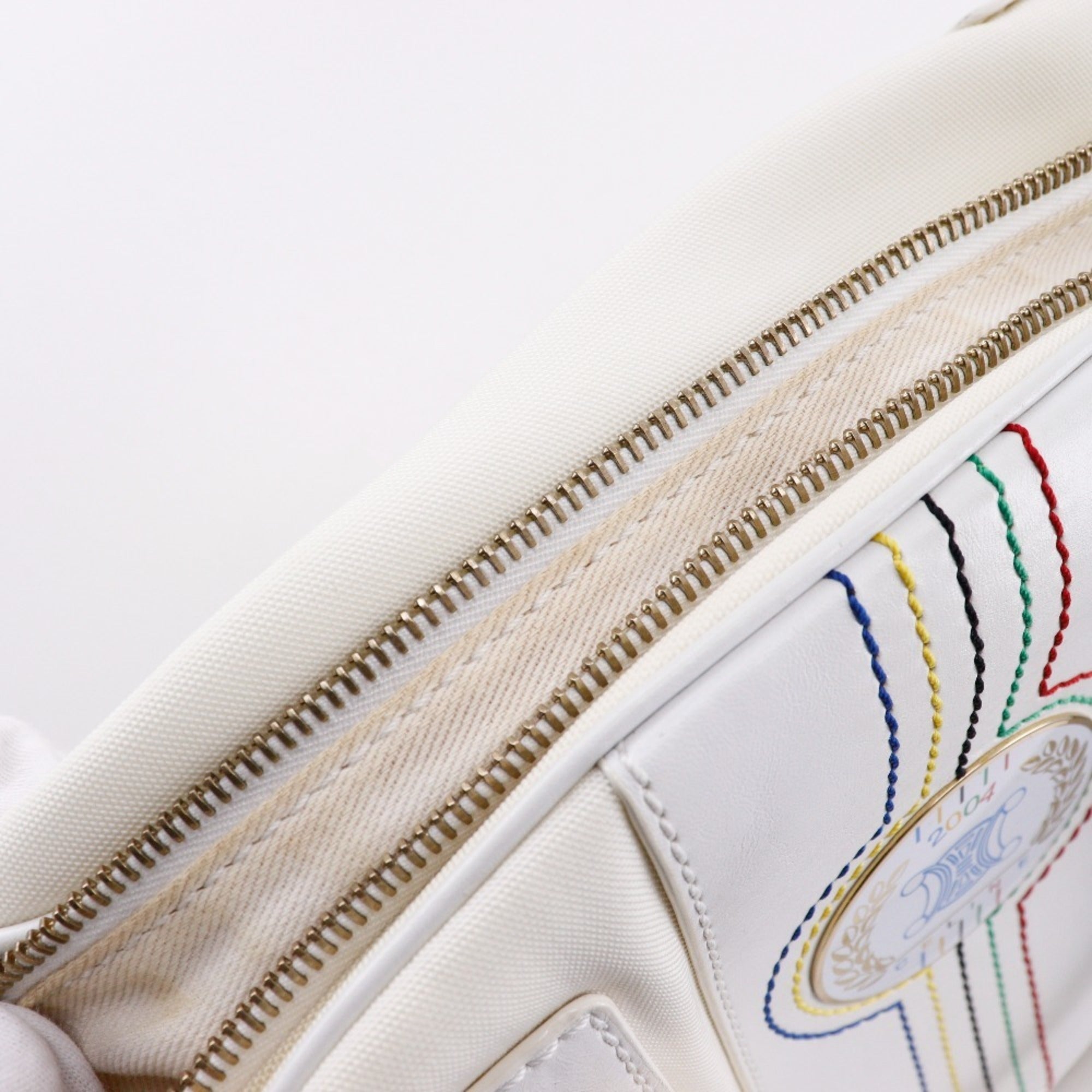 Celine White Nylon Canvas Leather Boston Bag Handbag