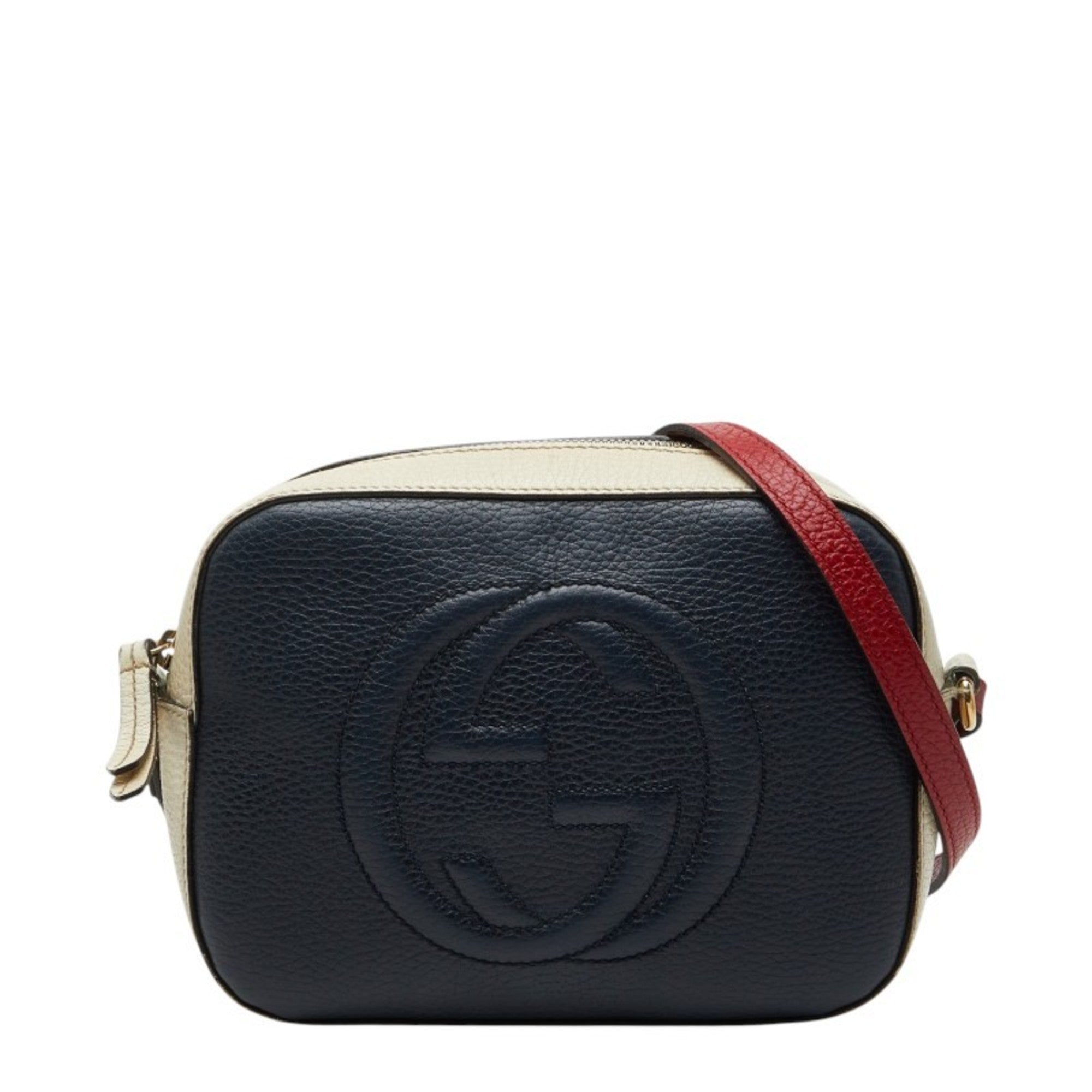 Gucci Navy Red Color White Leather Shoulder Bag (Pre-Owned)