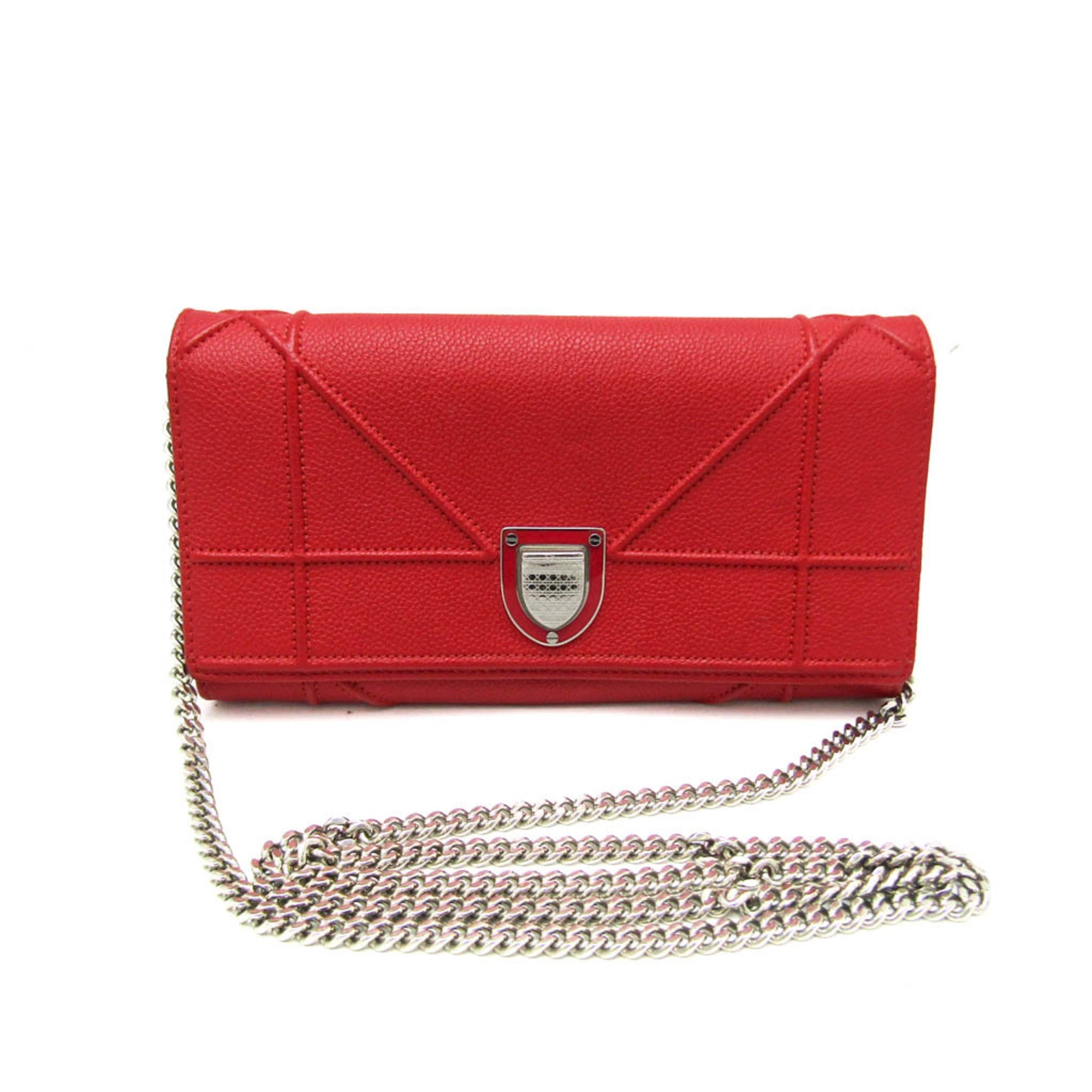 Christian Dior Red Color Leather Chain/Shoulder Wallet (Pre-Owned)