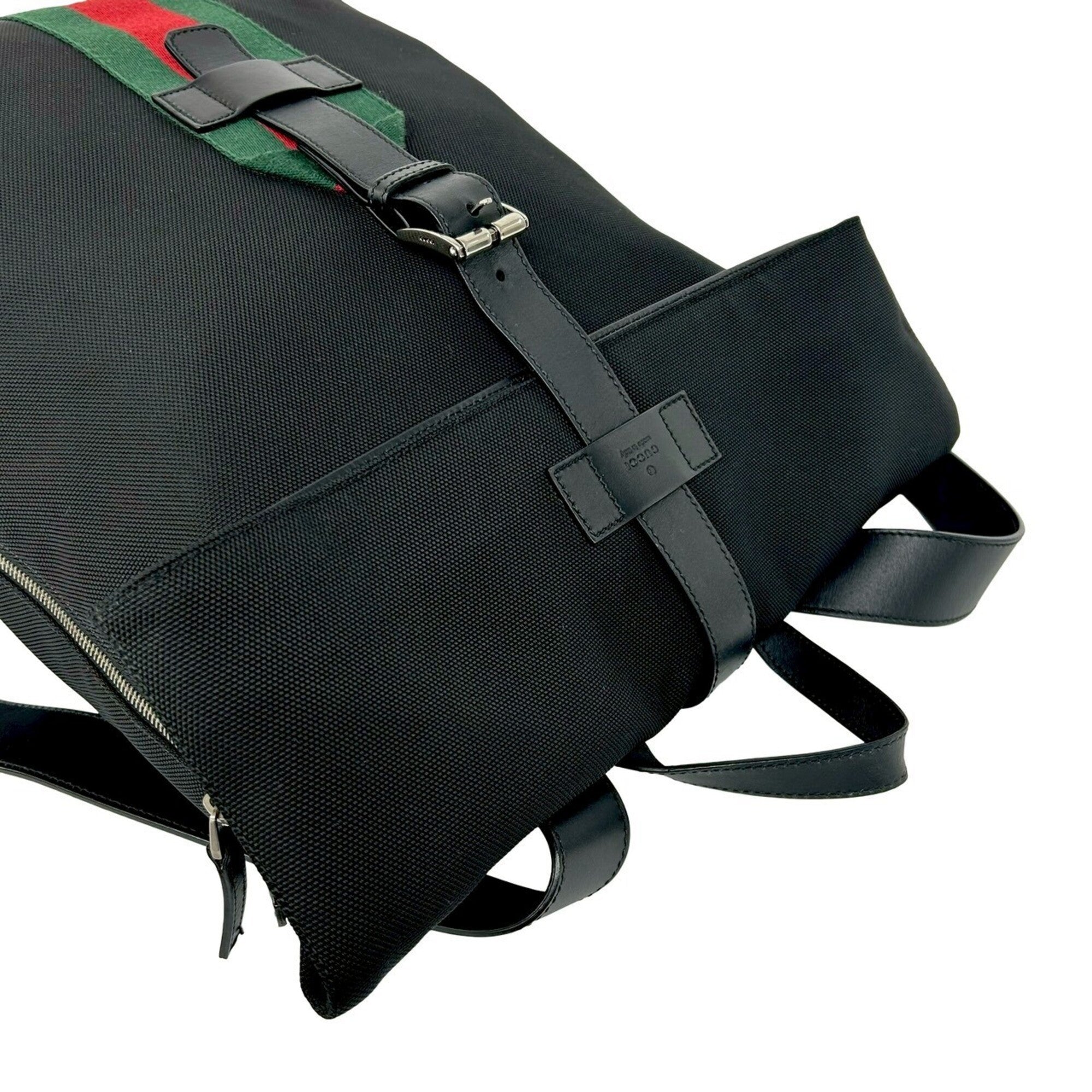 Gucci Black Green Red Color Canvas Leather Backpack (Pre-Owned)