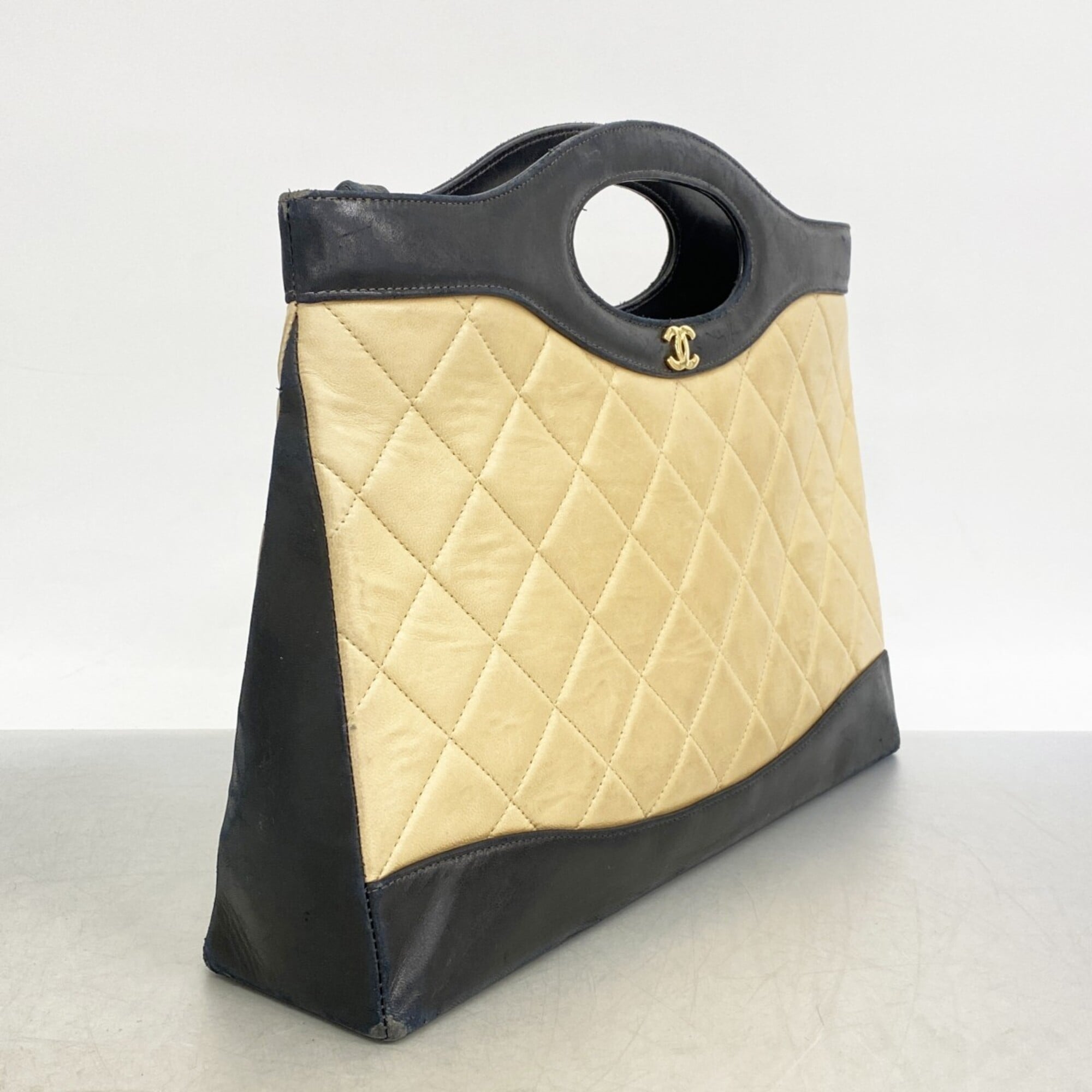 Chanel Beige Black Leather Handbag