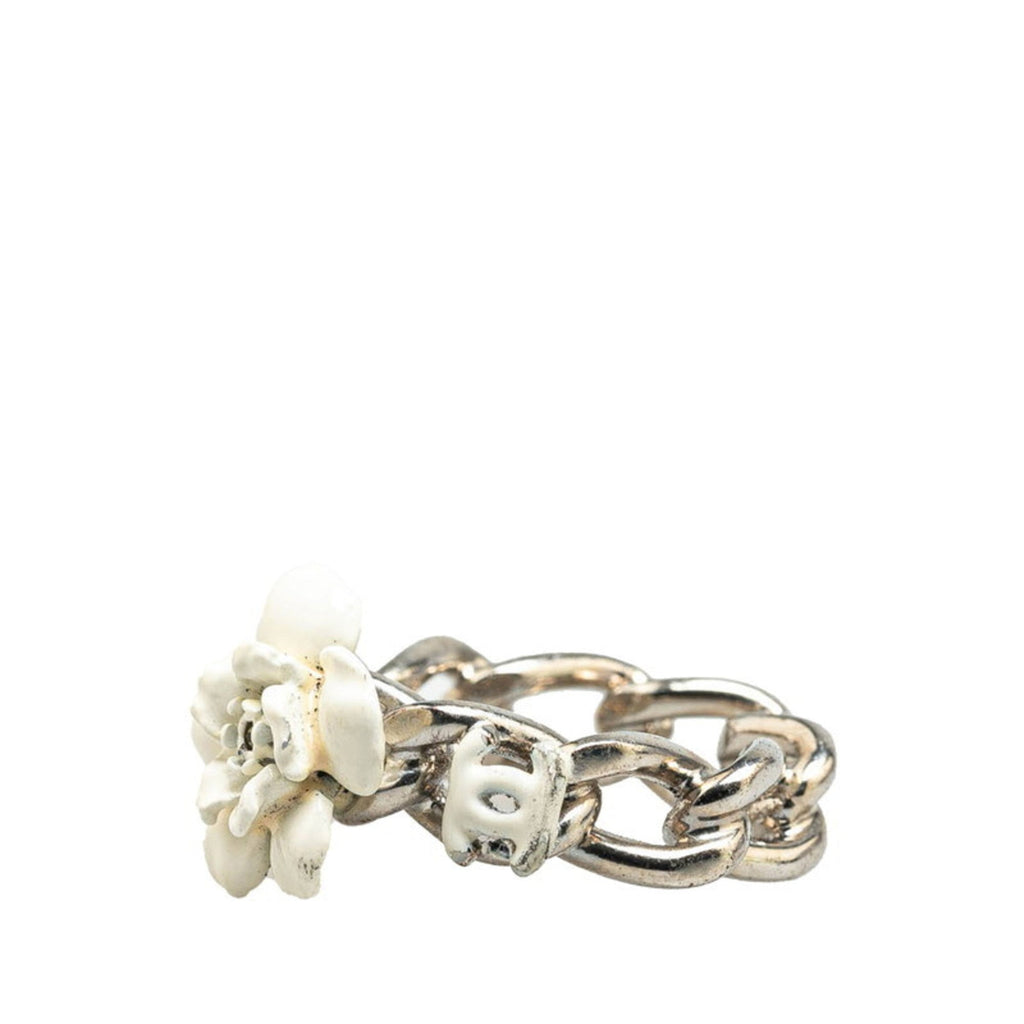 Chanel Silver White Metal Band Ring