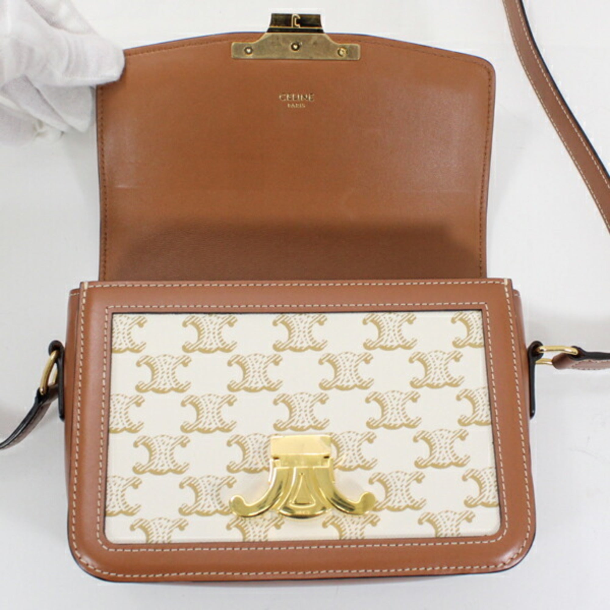 Celine Brown White Canvas Leather Shoulder Bag
