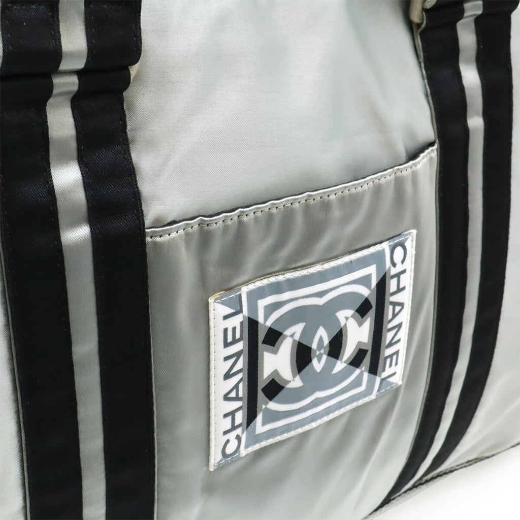 Chanel Black Silver Nylon Boston Bag Handbag
