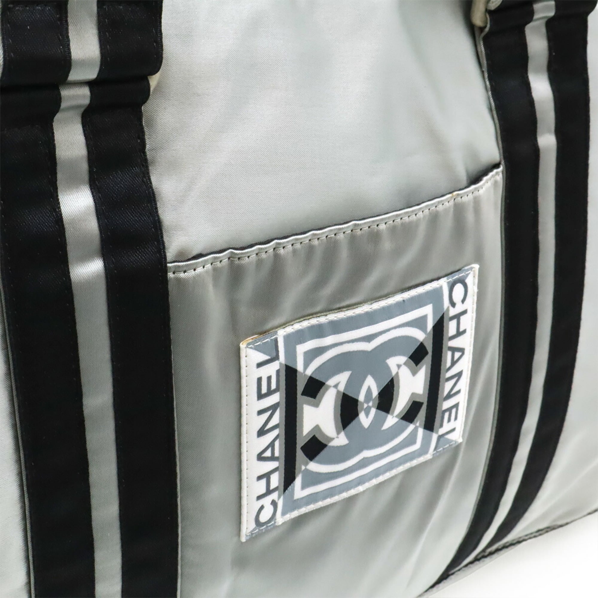 Chanel Black Silver Nylon Boston Bag Handbag