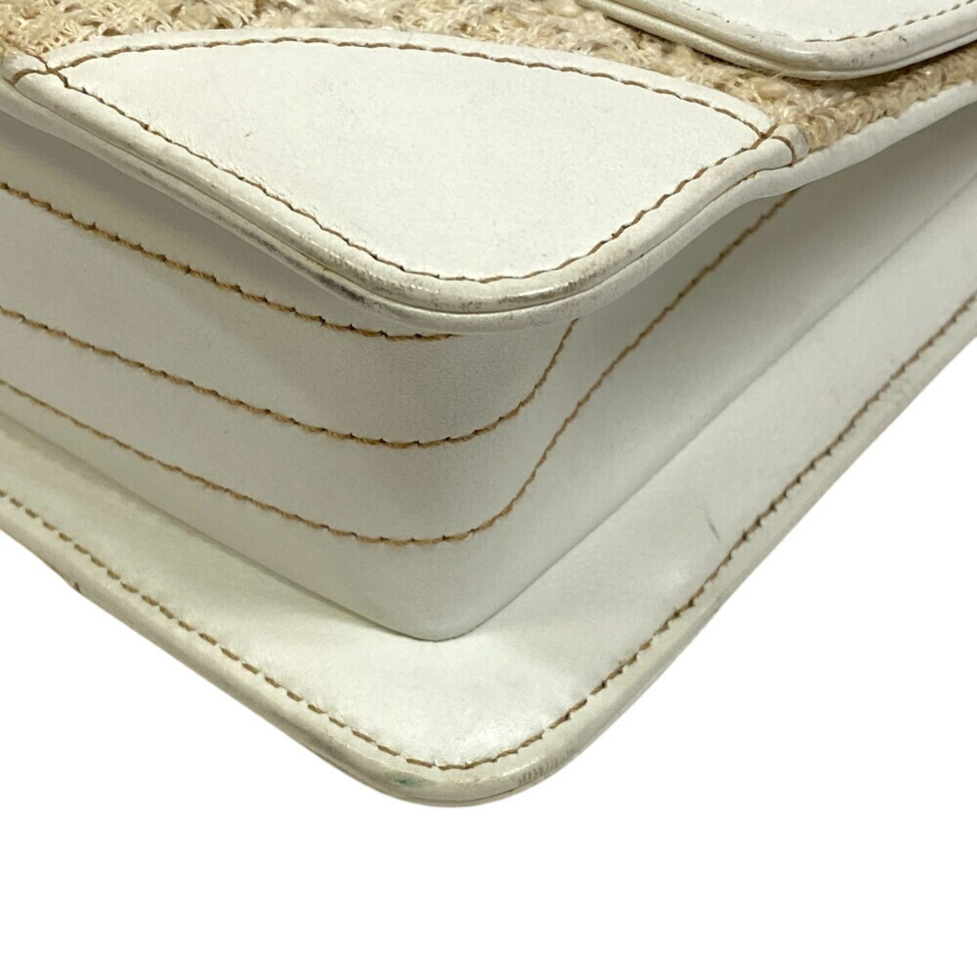 Chanel Beige White Tweed Leather Shoulder Bag