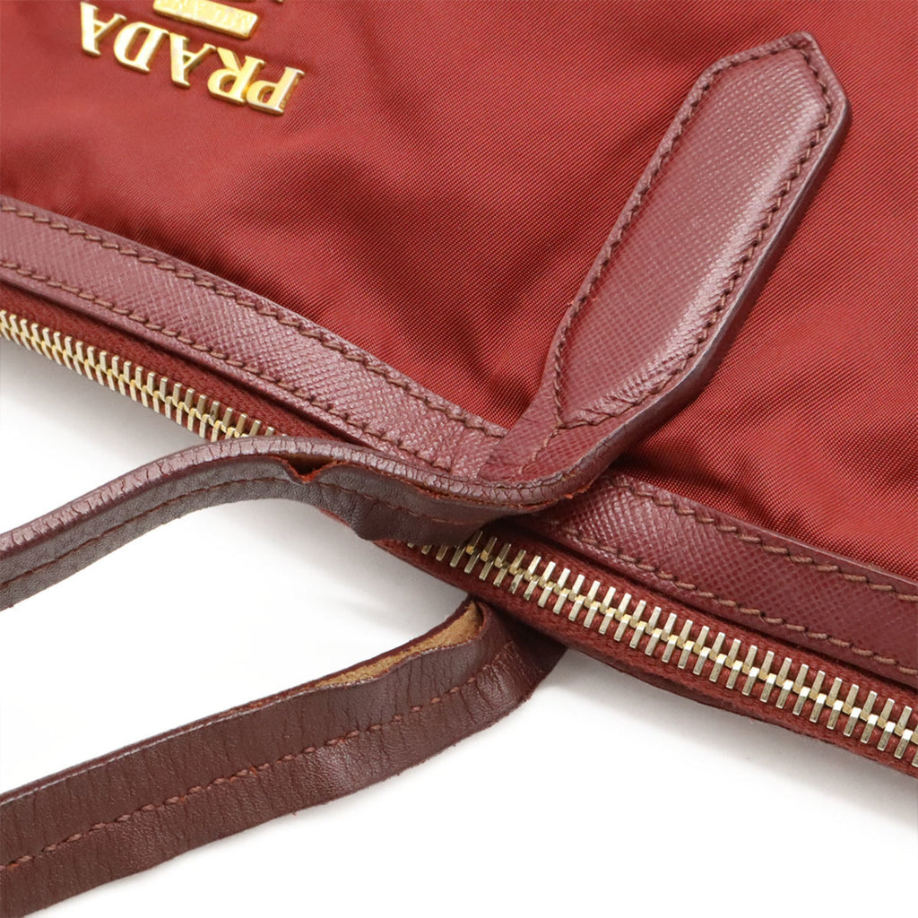 Prada Red Color Wine Nylon Leather Shoulder Bag Tote Bag
