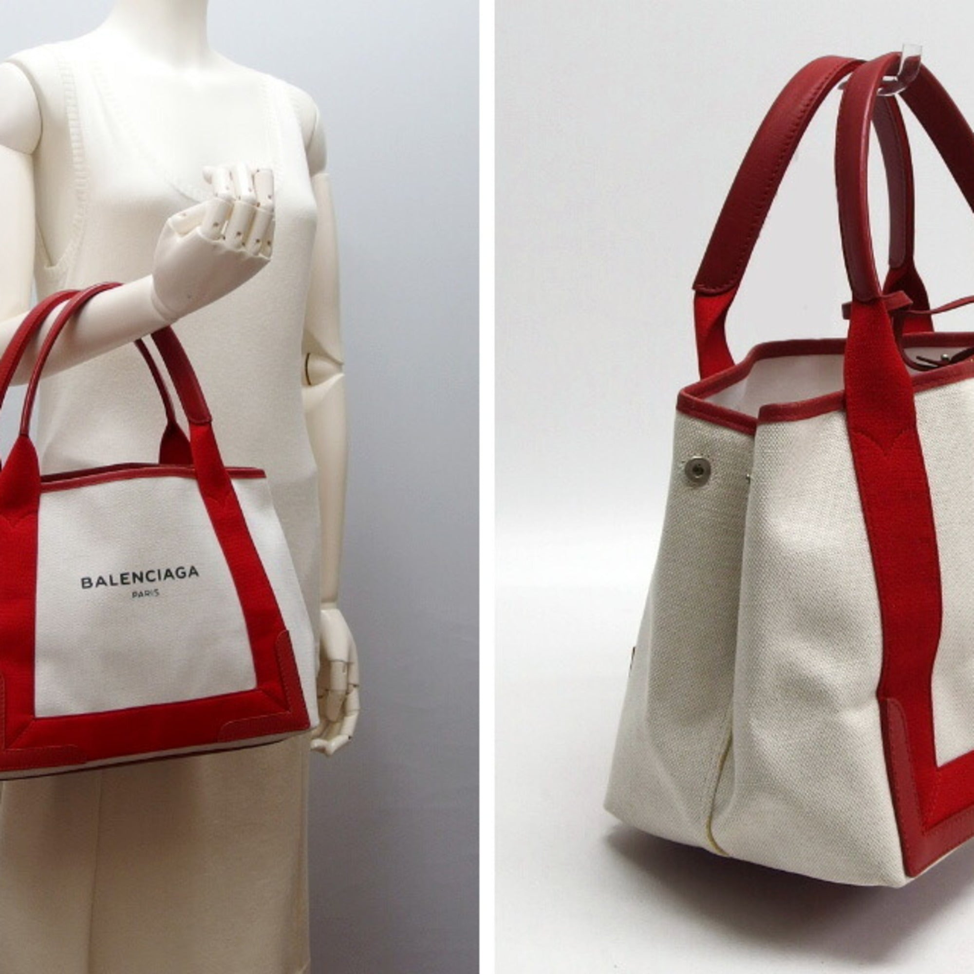 Balenciaga Red Color White Canvas Leather Handbag Tote