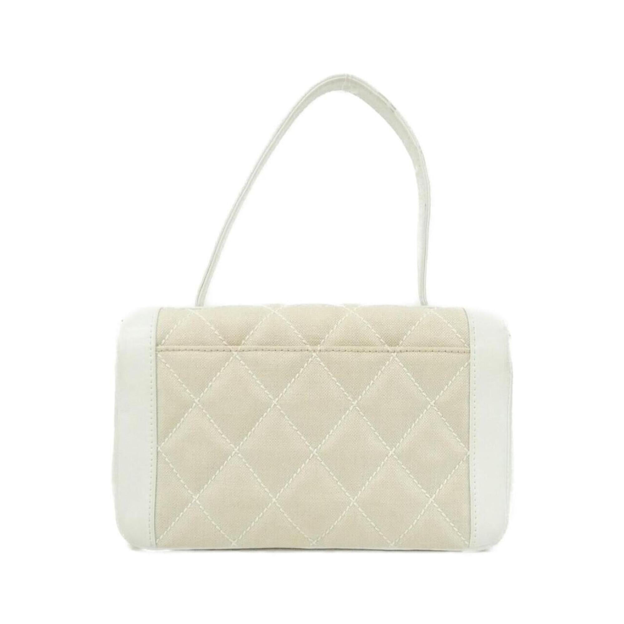 Chanel Beige White Canvas Leather Handbag