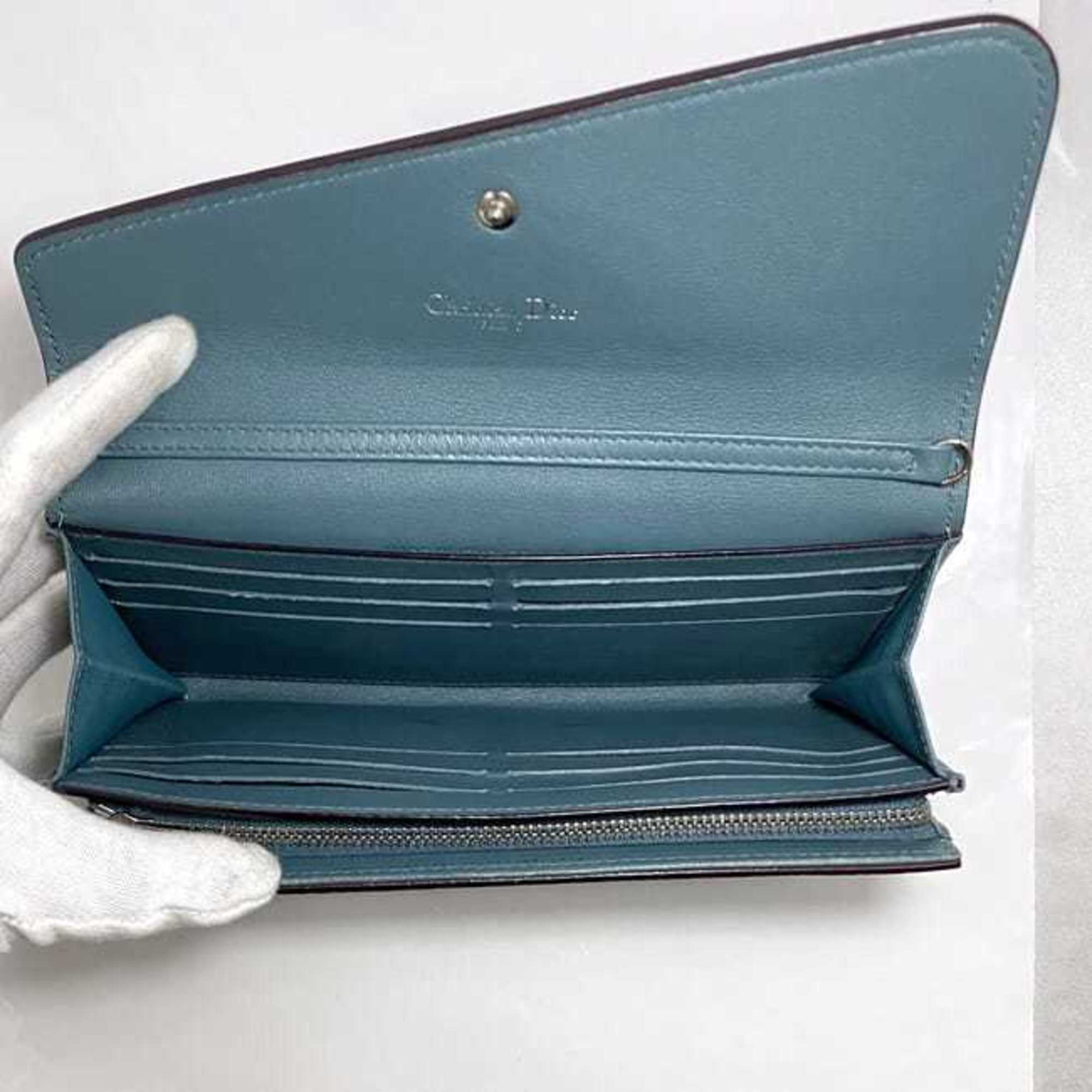 Christian Dior Light Blue Leather Long Wallet (Bi-Fold) (Pre-Owned)