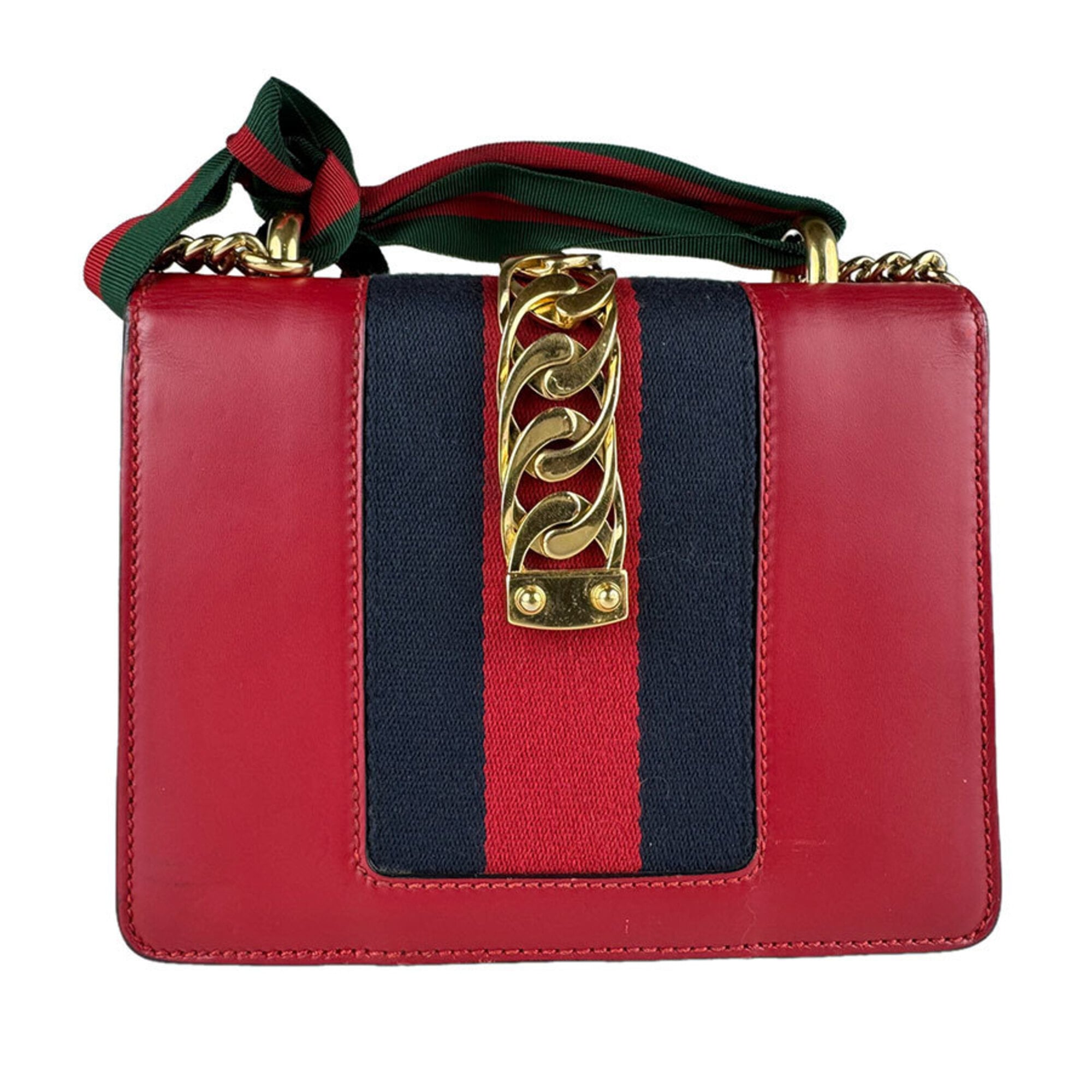 Gucci Navy Red Color Leather Shoulder Bag (Pre-Owned)