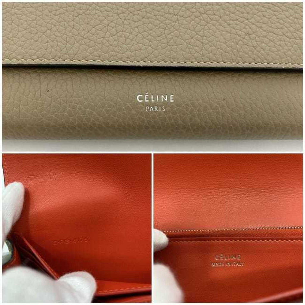 Celine Beige Red Color Leather Long Wallet (Bi-Fold)