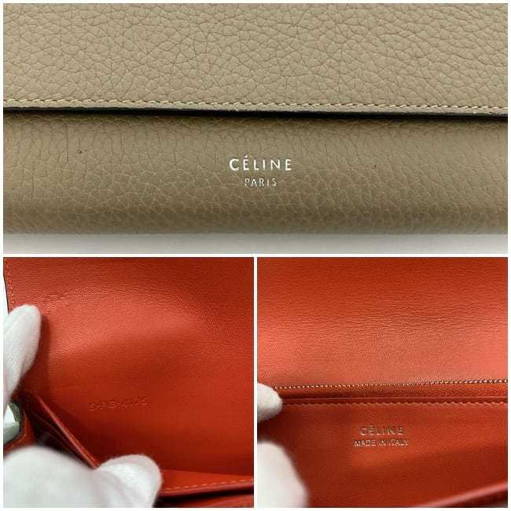 Celine Beige Red Color Leather Long Wallet (Bi-Fold)