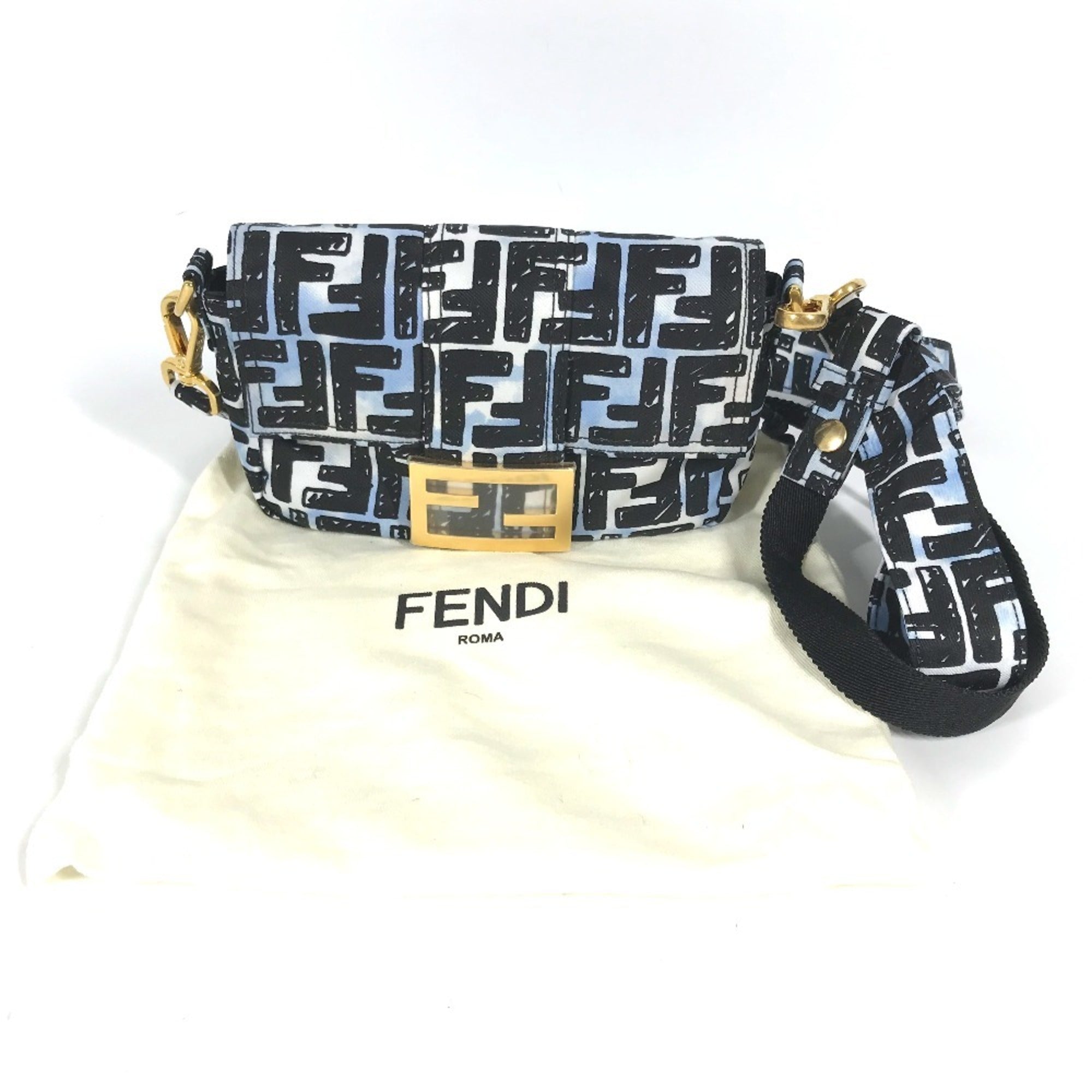 Fendi Black Blue Nylon Baguette Bag Pochette Shoulder Bag
