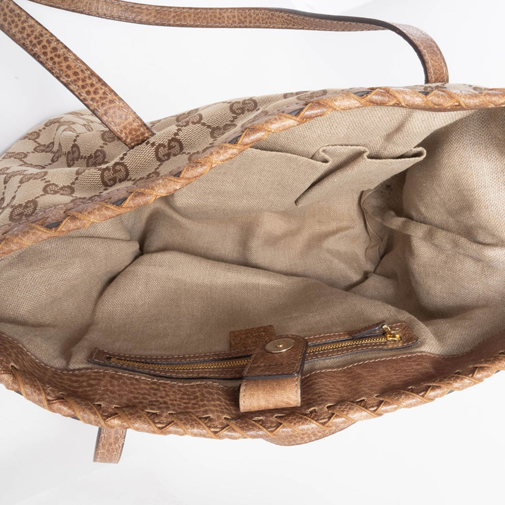 Gucci Gg Canvas Beige Brown Gg Canvas Leather Tote Bag (Pre-Owned)