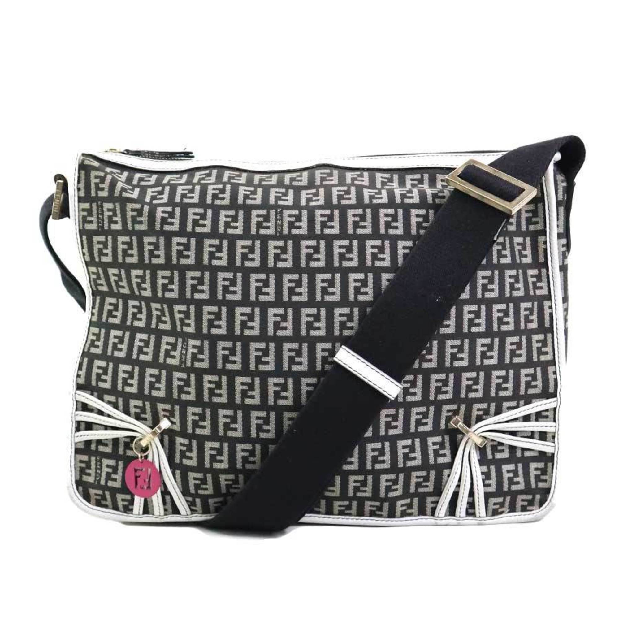 Fendi Black White Nylon Canvas Leather Shoulder Bag