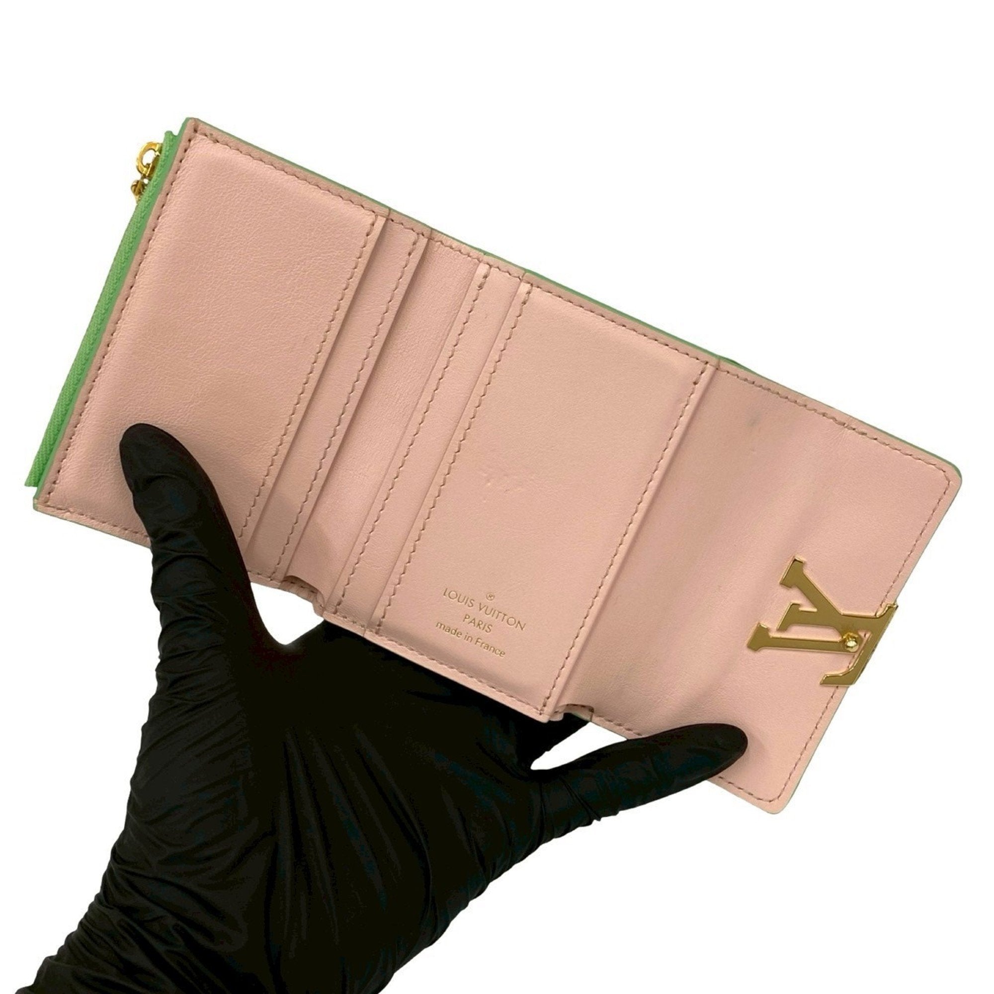 Louis Vuitton Green Pink Leather Wallet (Tri-Fold)