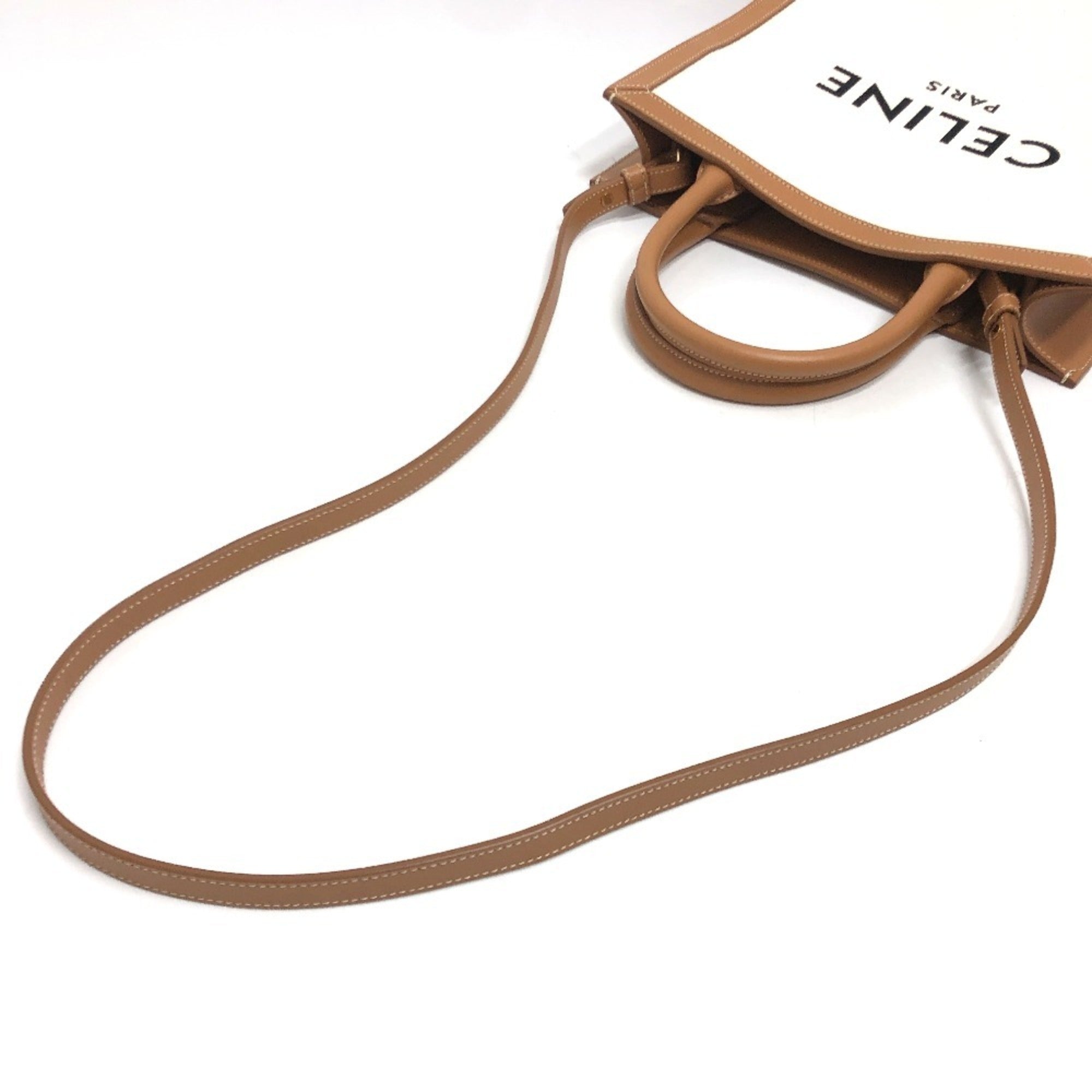 Celine Cabas Beige Brown Leather Canvas Handbag Shoulder Bag Tote Bag