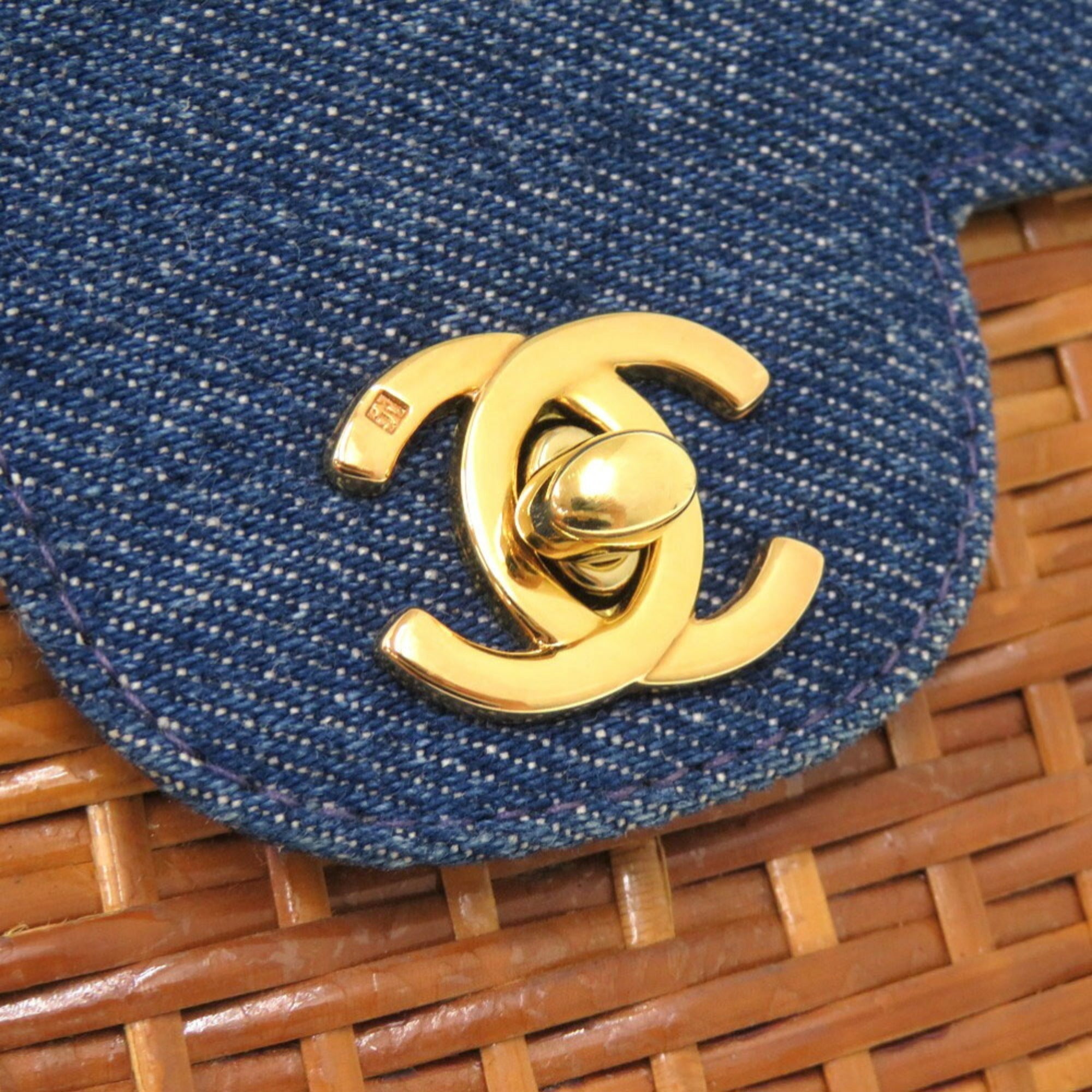 Chanel Navy Straw Leather Shoulder Bag