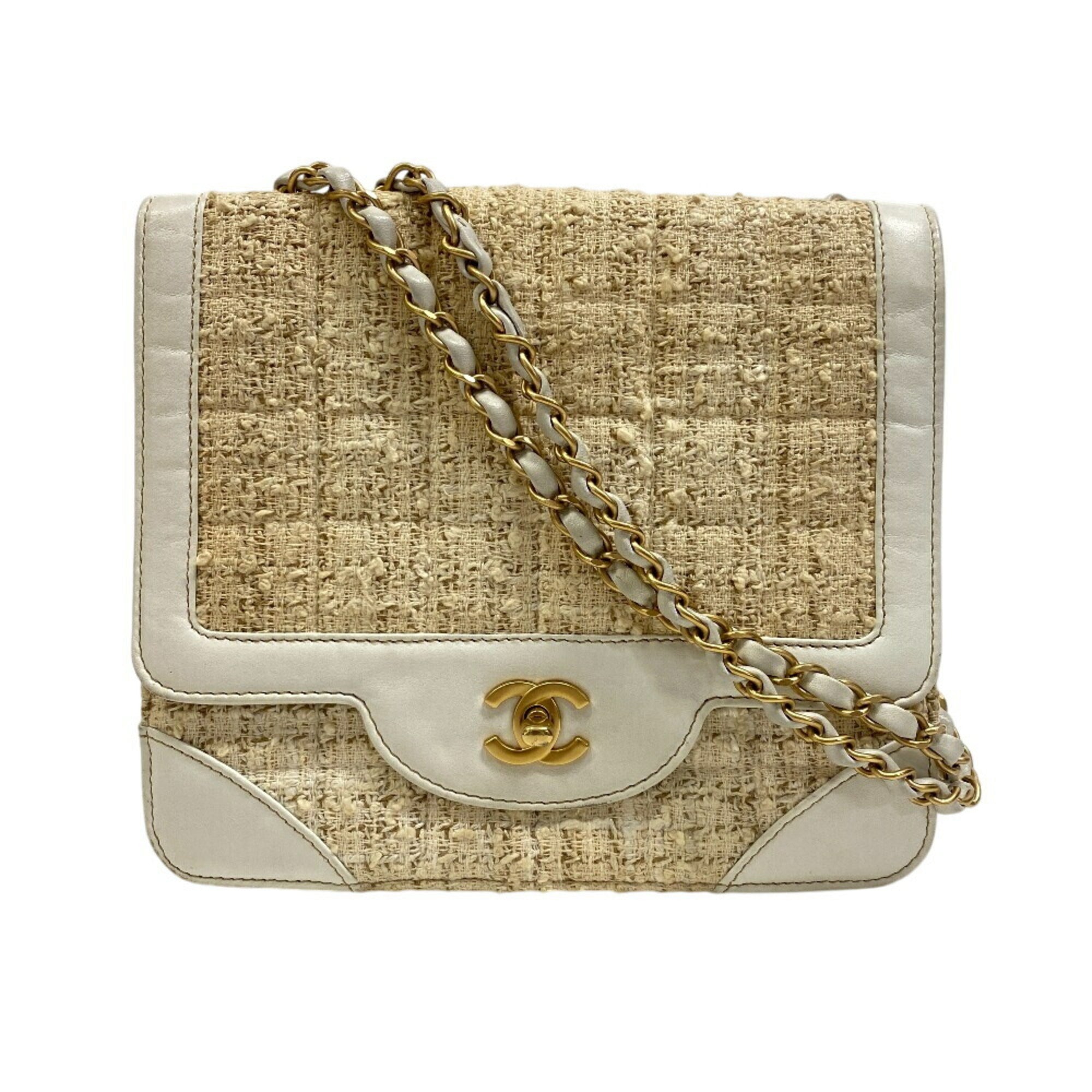 Chanel Beige White Tweed Leather Shoulder Bag