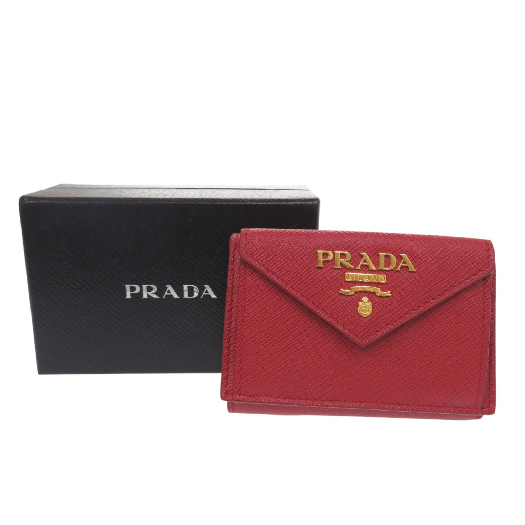 Prada Red Color Leather Saffiano Metal Wallet (Tri-Fold)